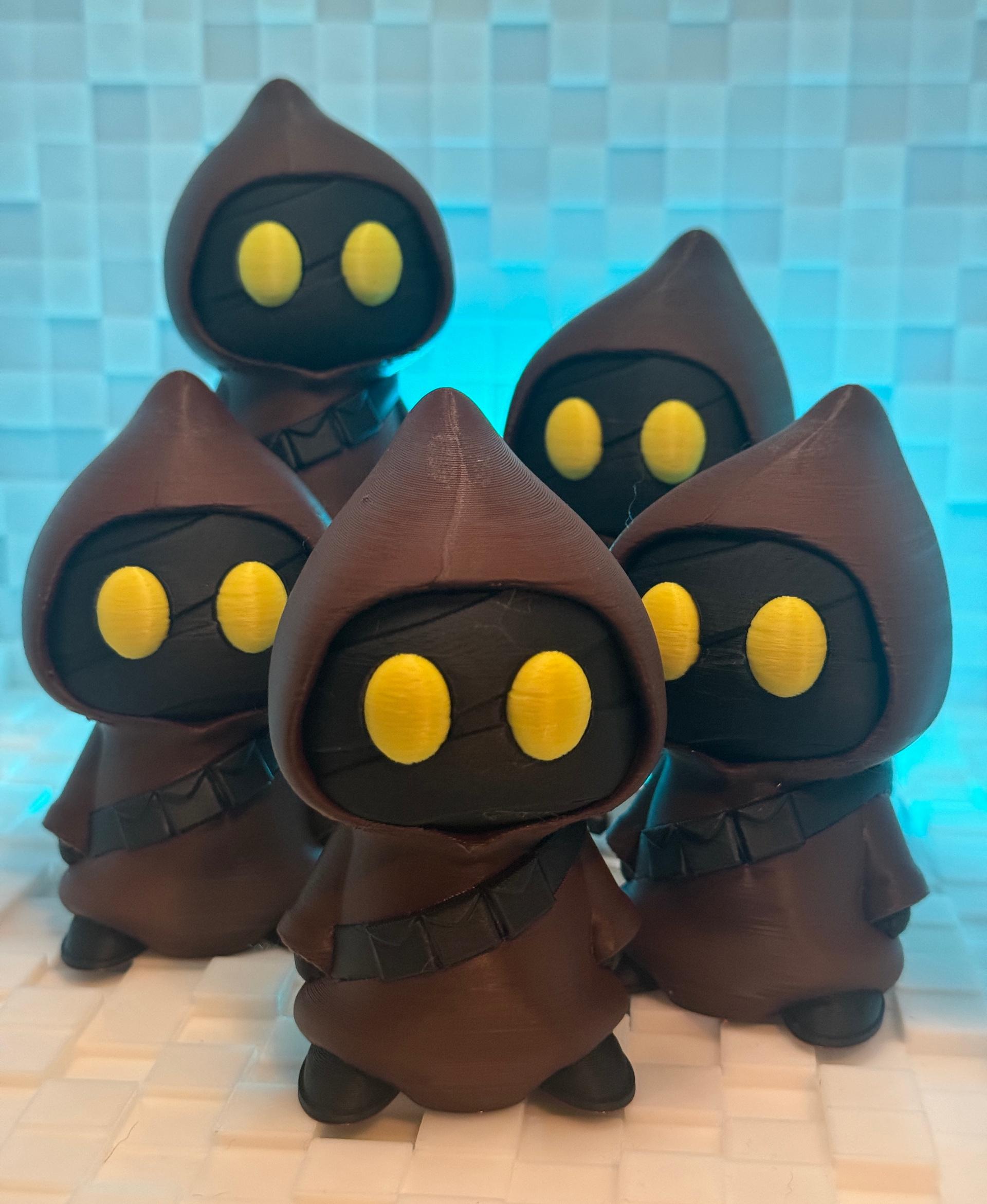 Jawa  - May the Fourth be with you!

Happy May, fellow makers! I've heard you need to be wary of Jawas traveling in groups, and given the way these guys are staring, I'm inclined to believe it!

Printed on the Bambu Lab A1 Mini, and painted in Bambu Studio, these guys are made of PLA, including Printed Solid's Jessie Tree Brown, Elegoo Black, and Polymaker Polylite Yellow.

Now, I just need to print a Sandcralwer for them to inhabit. - 3d model