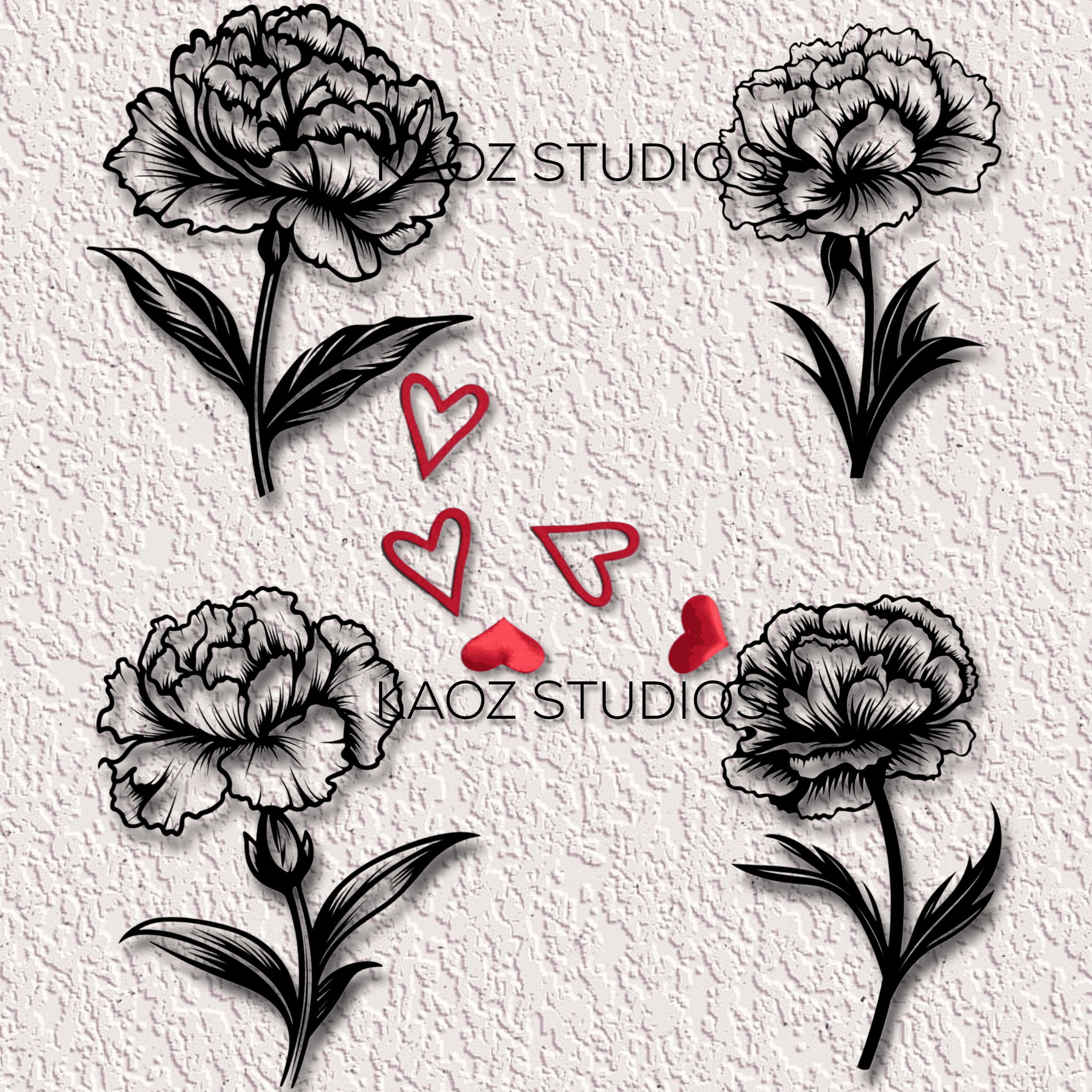 set of 4 carnations wall art flowers wall decor valentimes day decorations 3d model