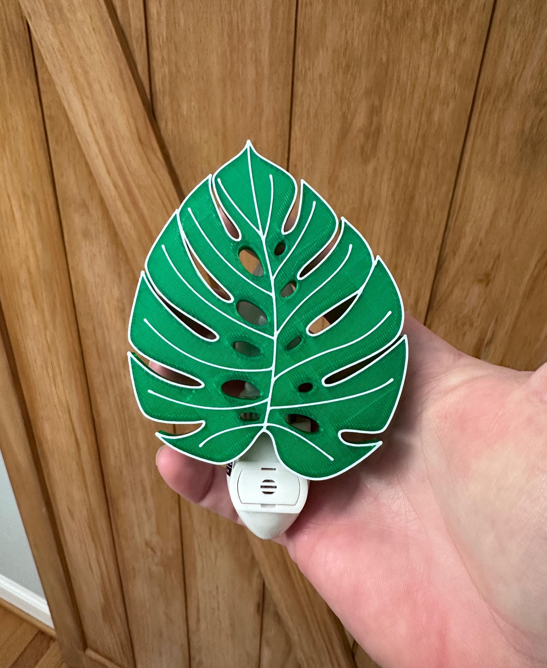 Monstera Leaf Magnet - Minor tweaks and created this super cute nightlight. 

Used PETG transparent green and white filament. 
Overture Clear Green (PETG)
Overture White (PETG) - 3d model