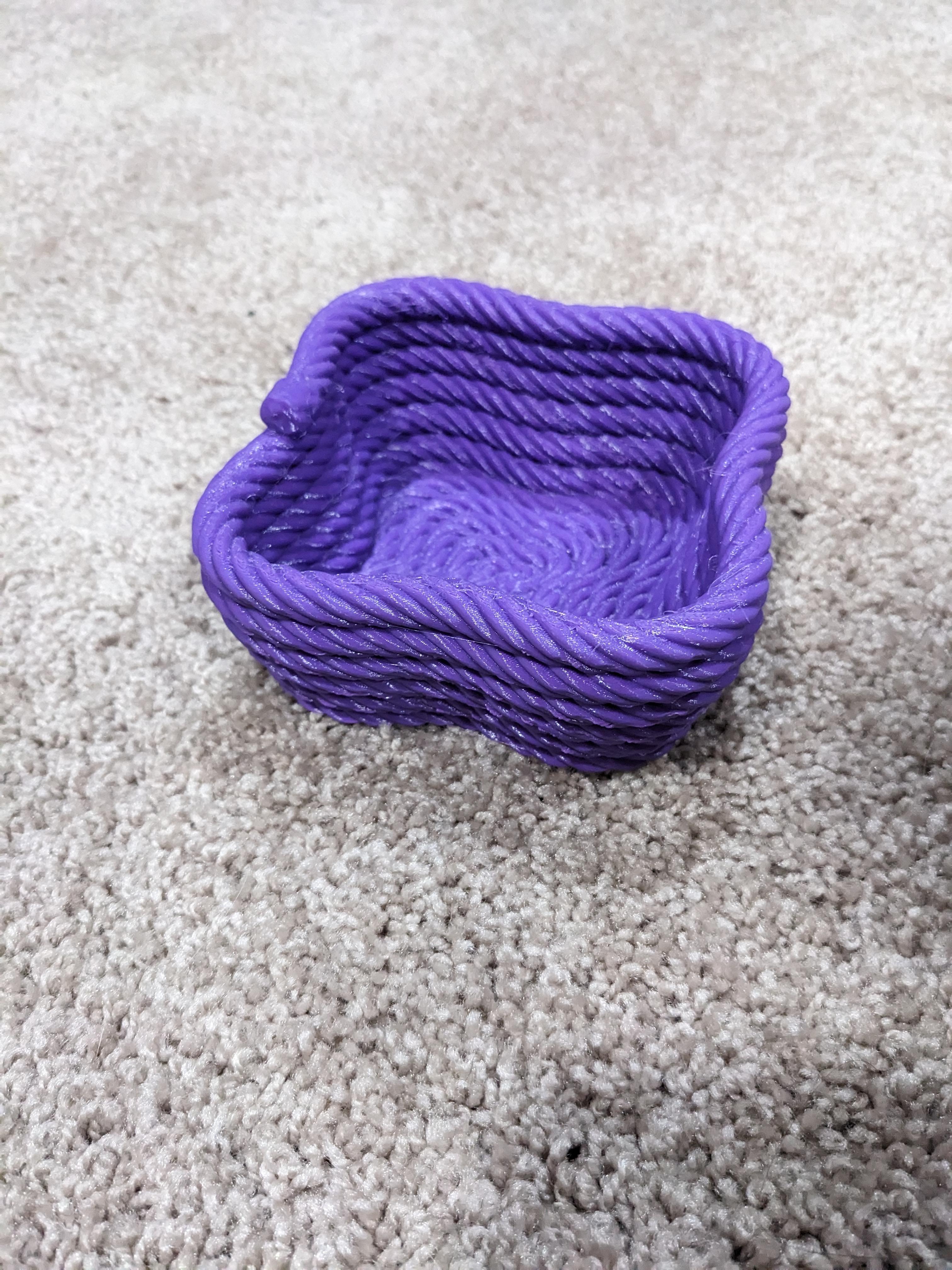 Four Corner Coiled Rope Bowl - I made this out of 95A TPU with 8% cubic infill, and it turned out pretty well! My printer settings weren't quite perfect, but its still a fun thing to squish :P - 3d model