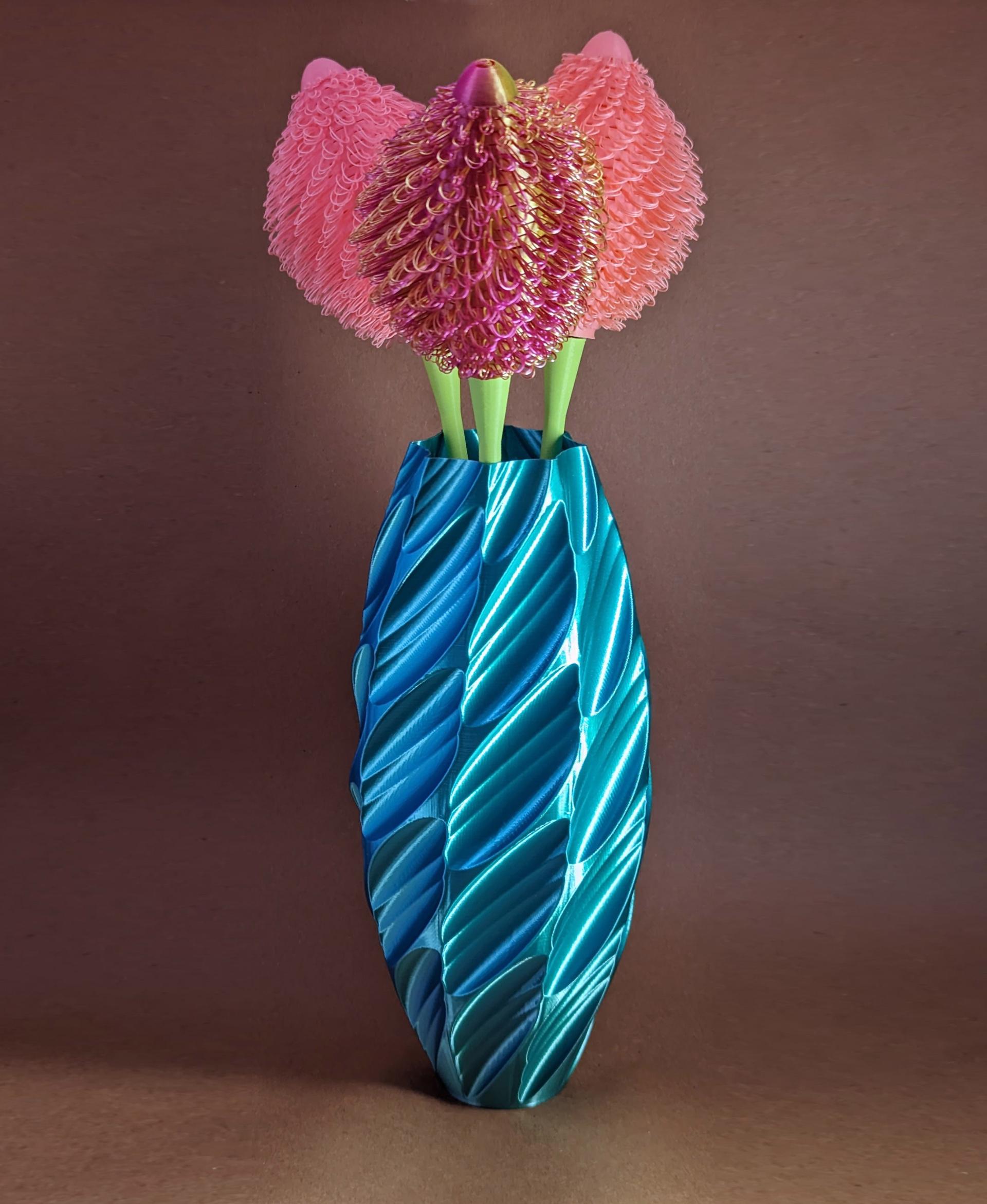 Swirling Leaves Vase - Printed in Polymaker Dual Silk Caribbean, shown with 3dprintbunny thistle flowers - 3d model