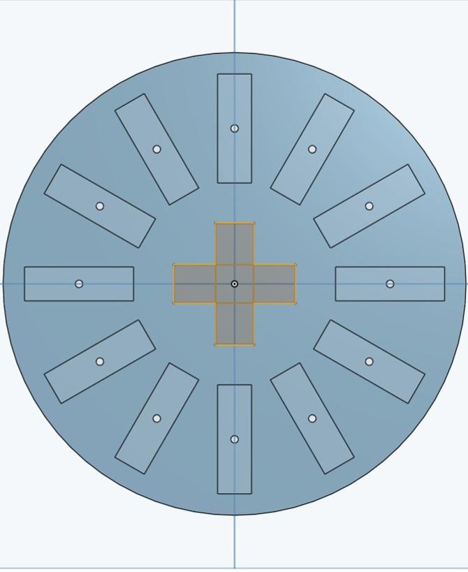 Générateur triphasé - Voici ci-joint les dimensions de la troisième extrude de notre "Porte Aimant"
L'objectif est de venir traversé notre disque à l'aide de notre esquisse 3.
Ainsi nous sélectionnons l'esquisse 3 et traversons toute la pièce  - 3d model