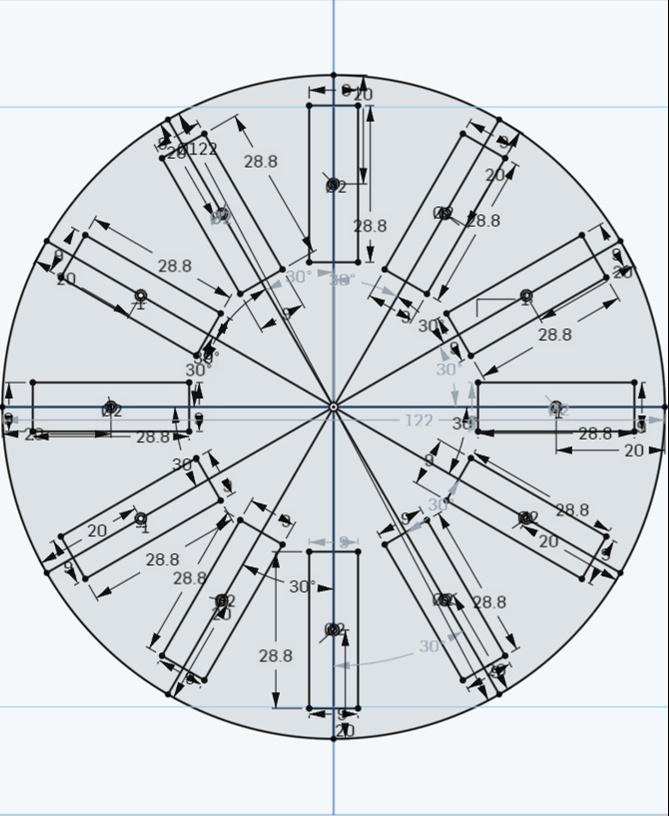 Générateur triphasé - Voici ci-joint la première esquisse de notre "Porte aimant"
- Diamètre du cercle: 122mm
- Dimension des rectangles : 28,8mm/9mm
- Angle entre chacune des sections : 30°
- Diamètre disque au centre des rectangles: 2mm
- Distance rebord centre du rectangle: 20mm - 3d model