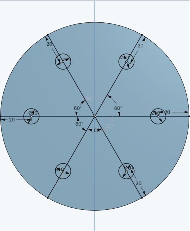 Générateur triphasé - Voici ci-joint les dimensions utiles à la réalisation de notre "Porte bobine", voici l'esquisse 2
Nous plaçons 6 cercle éloigné d'un angle de 60°
- Distance centre du cercle bord: 20mm
- Diamètre des cercles: 10mm - 3d model