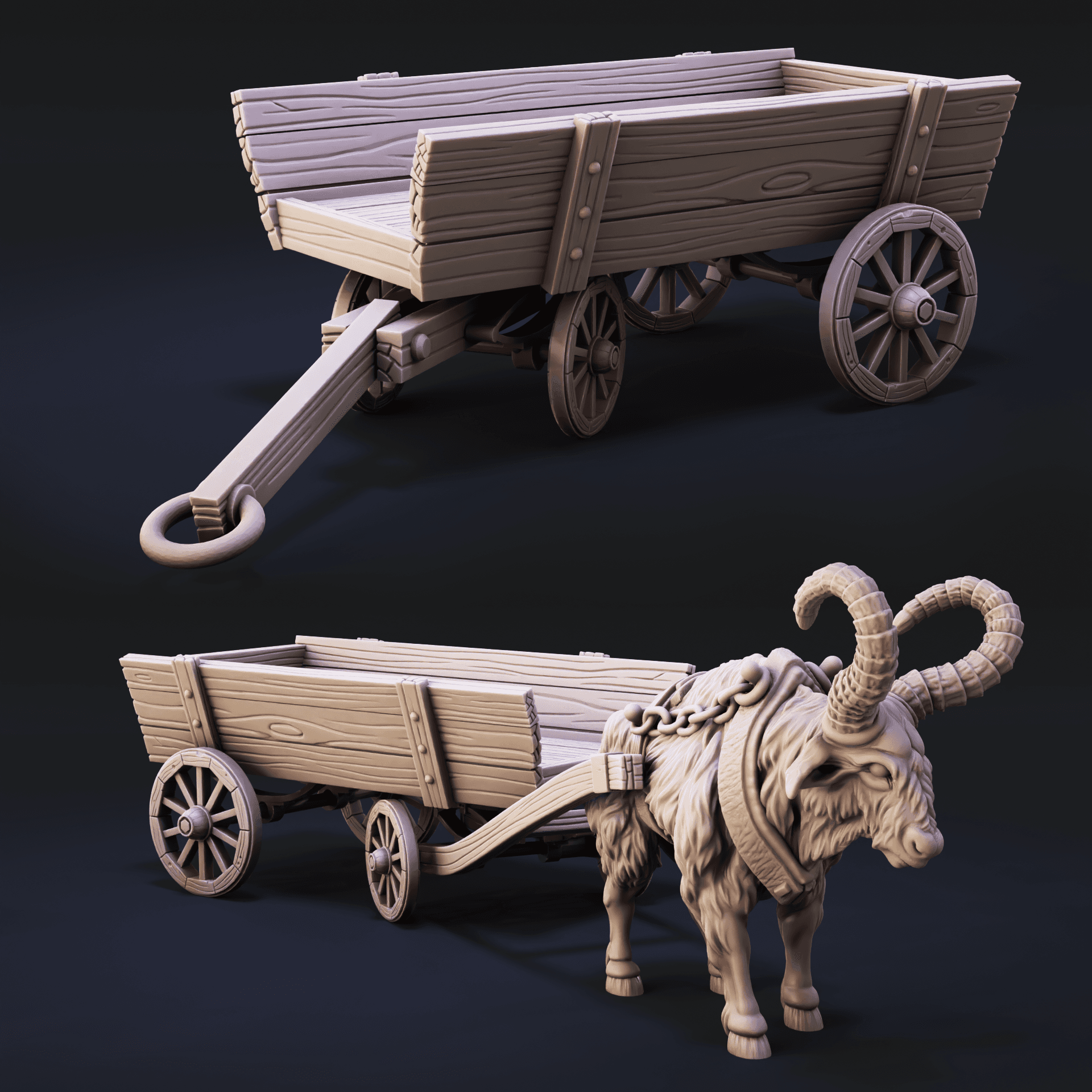 Beast of Burden and Trailer | Great Horned Oxen Pulling Trailer | Cow, Bison, Bull, Ox for 32mm TTRP 3d model