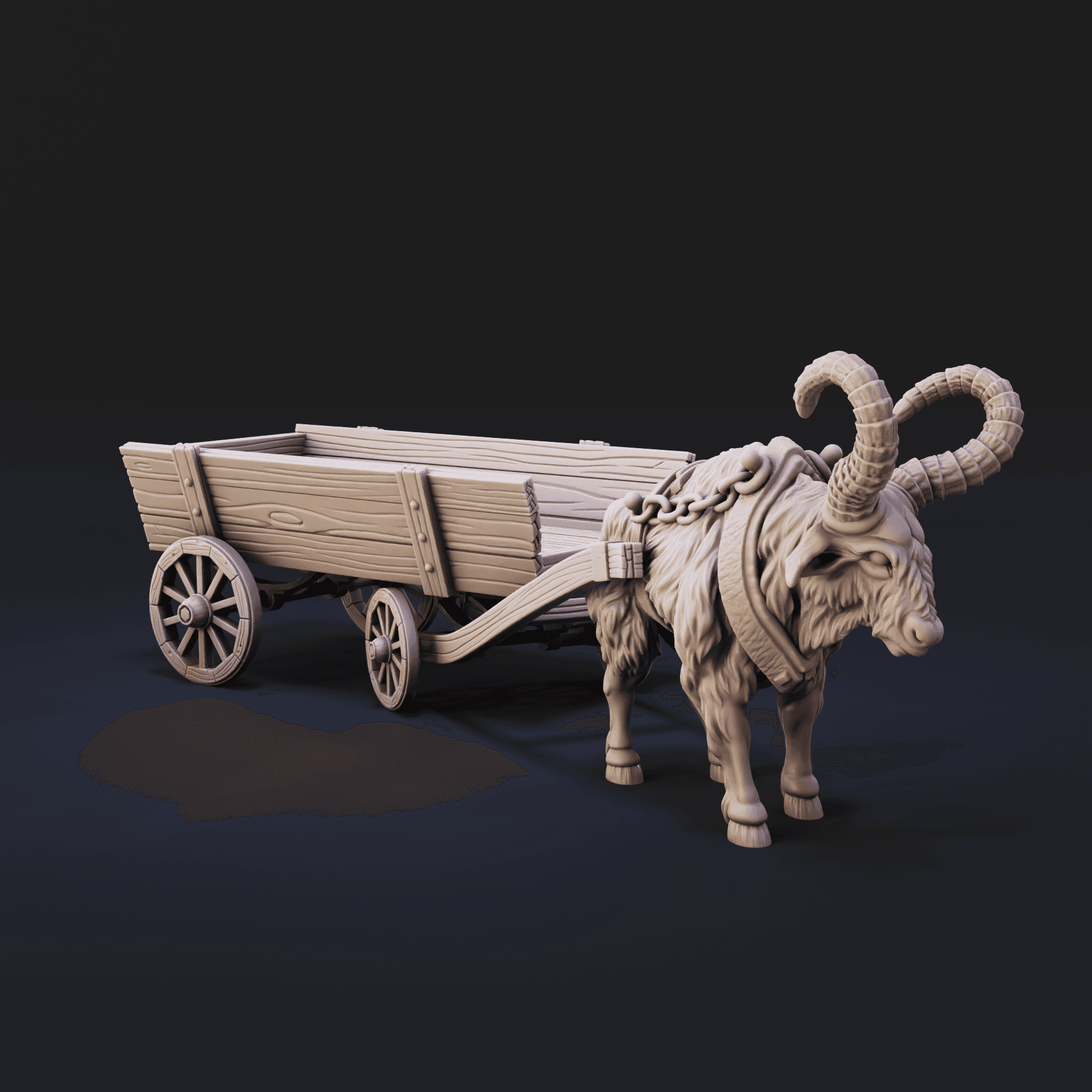 Beast of Burden and Trailer | Great Horned Oxen Pulling Trailer | Cow, Bison, Bull, Ox for 32mm TTRP 3d model