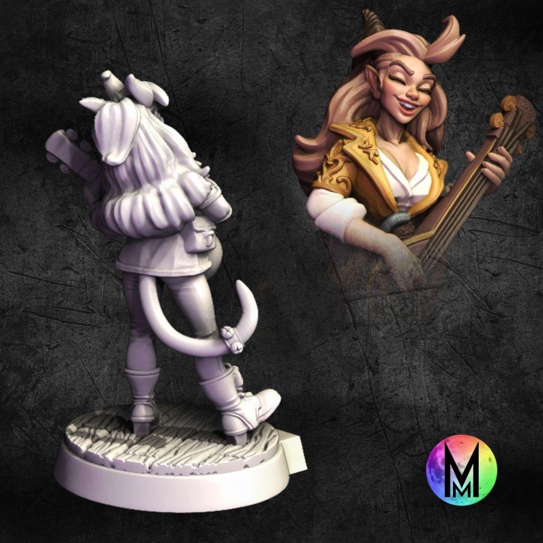 Female Tiefling Bard - Citrine the Tiefling Bard ( Happy female bard playing stringed instrument ) 3d model