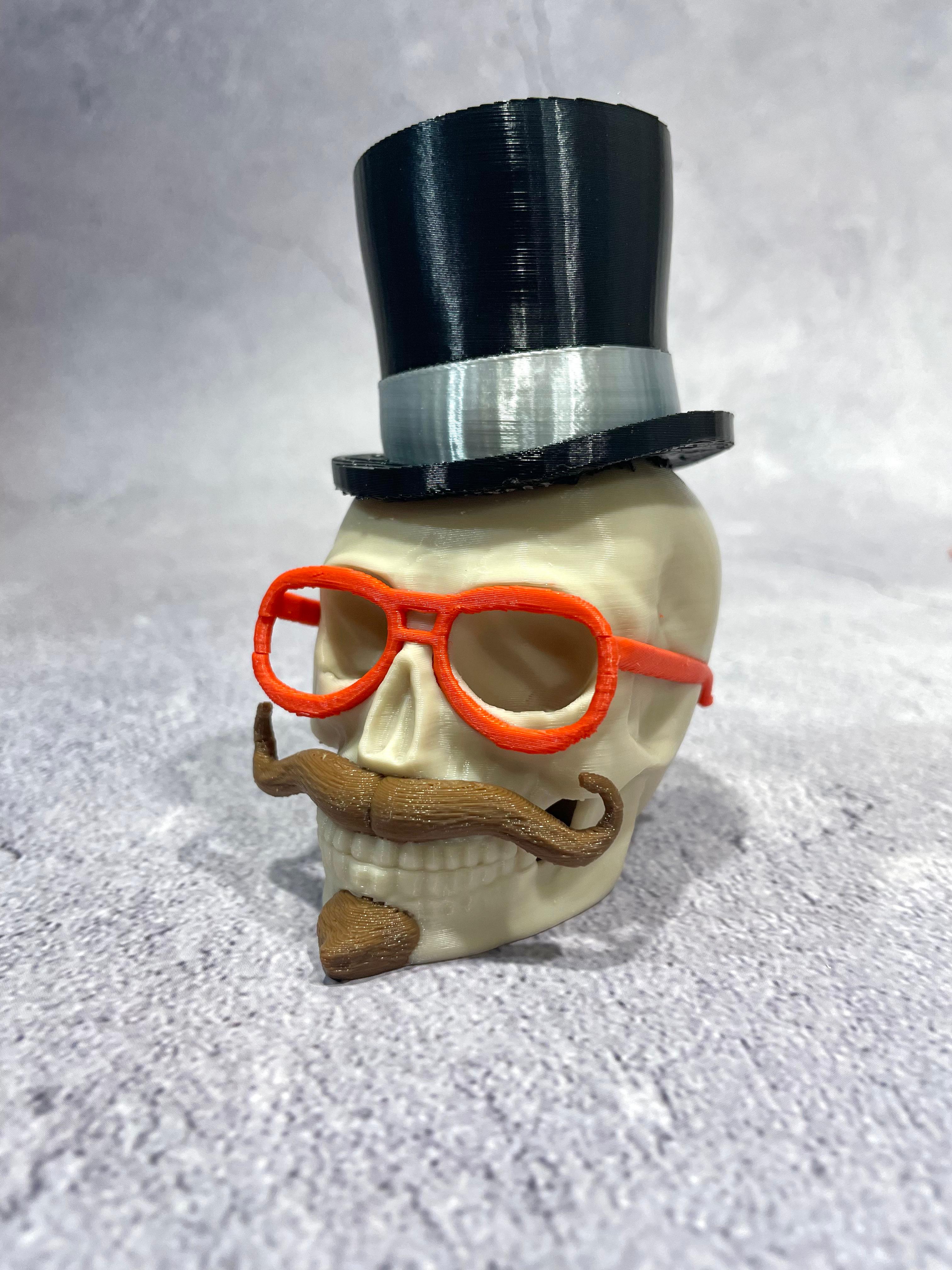 Skull Figurine with Top Hat, Moustache and Glasses / 3MF Included 3d model