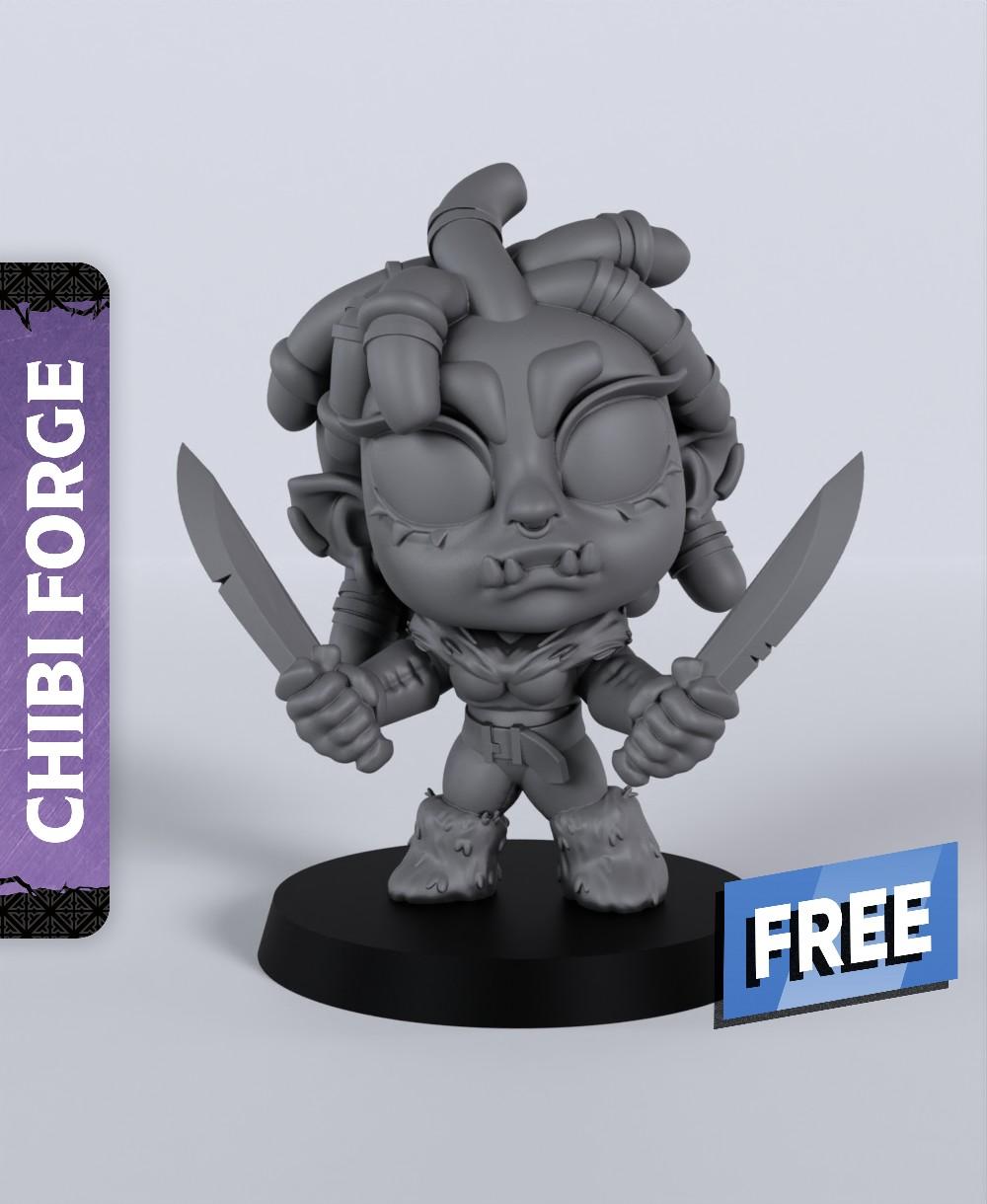 Female Half-Orc Fighter Chibi - With Free Dragon Warhammer - 5e DnD Inspired for RPG and Wargamers 3d model