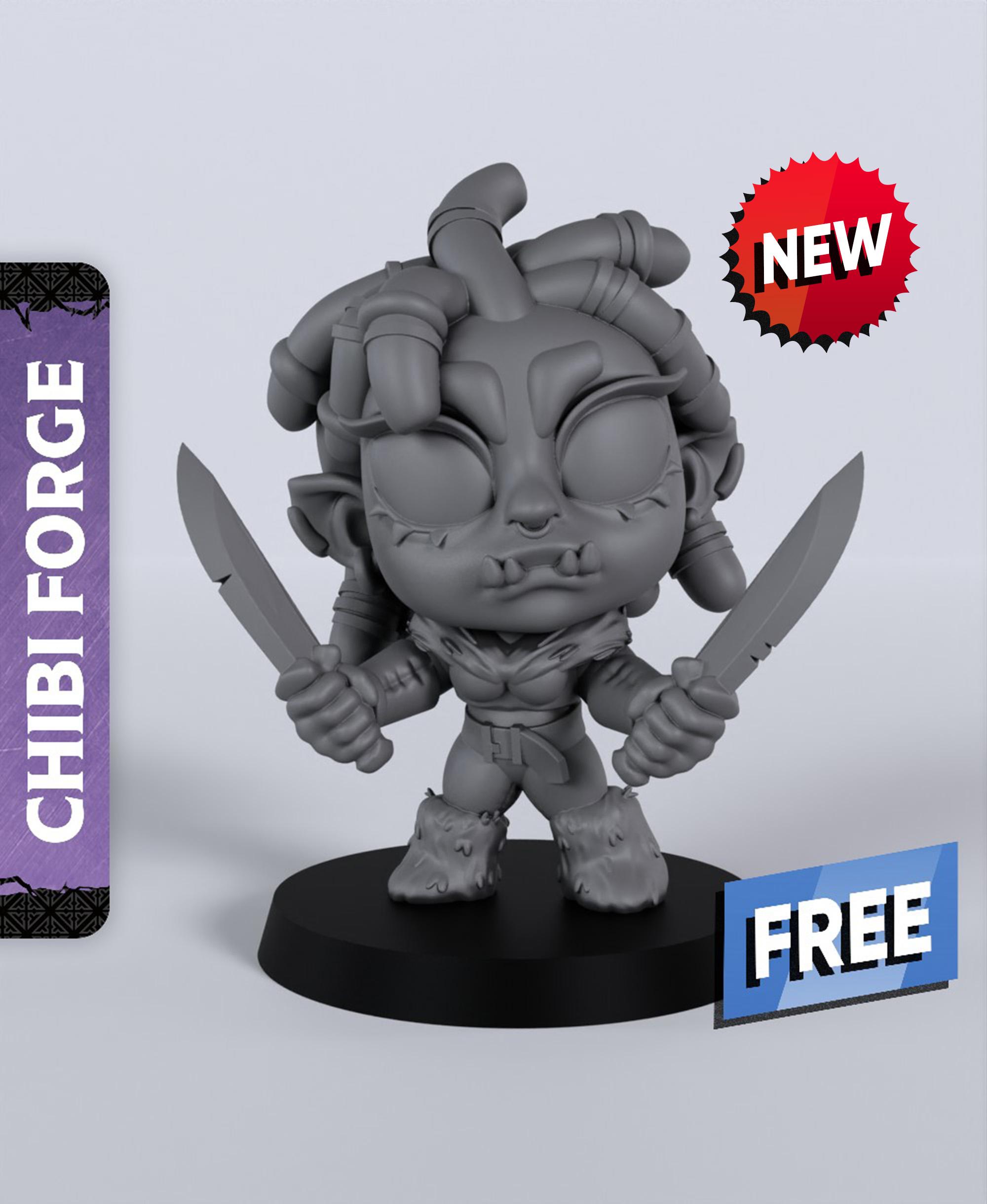 Female Half-Orc Fighter Chibi - With Free Dragon Warhammer - 5e DnD Inspired for RPG and Wargamers 3d model