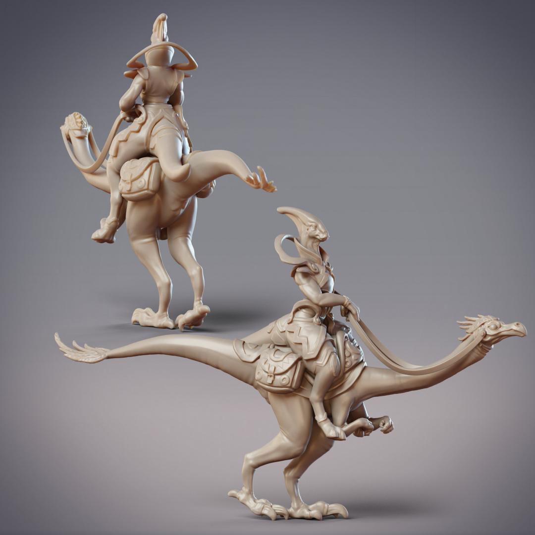Dinofolk Traveler - Vae'lira, Dinovian Merchant and Gallotalis Mount (Pre-Supported) 3d model
