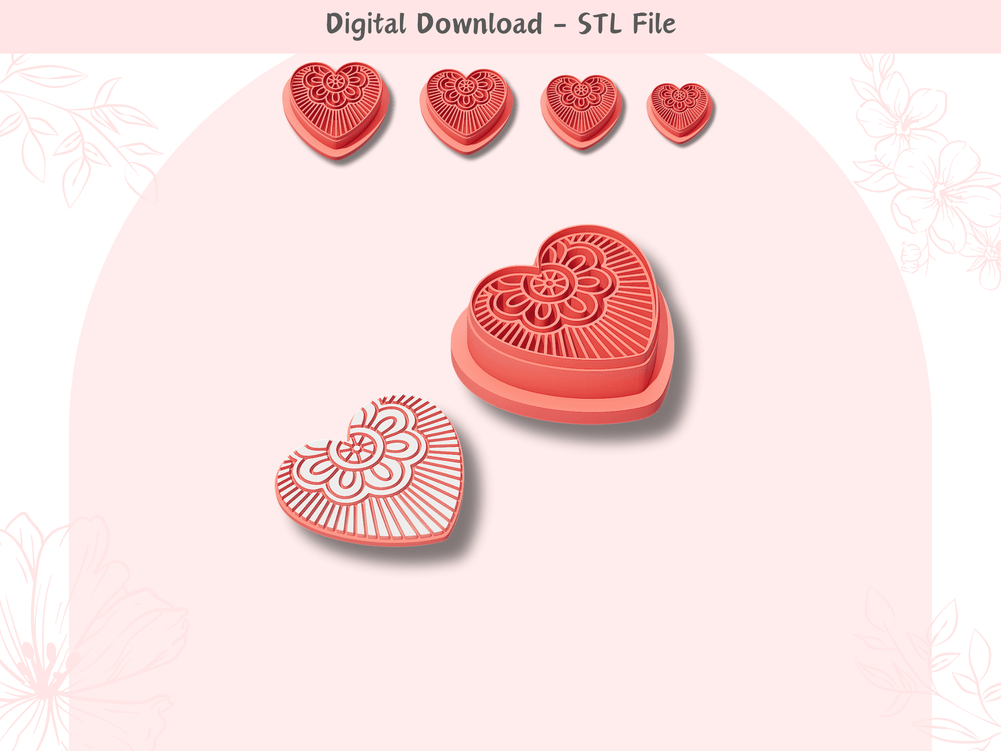 Heart Mandala Clay Cutter for Polymer Clay | Digital STL File | Clay Tools | 4 Sizes Clay Cutters 3d model