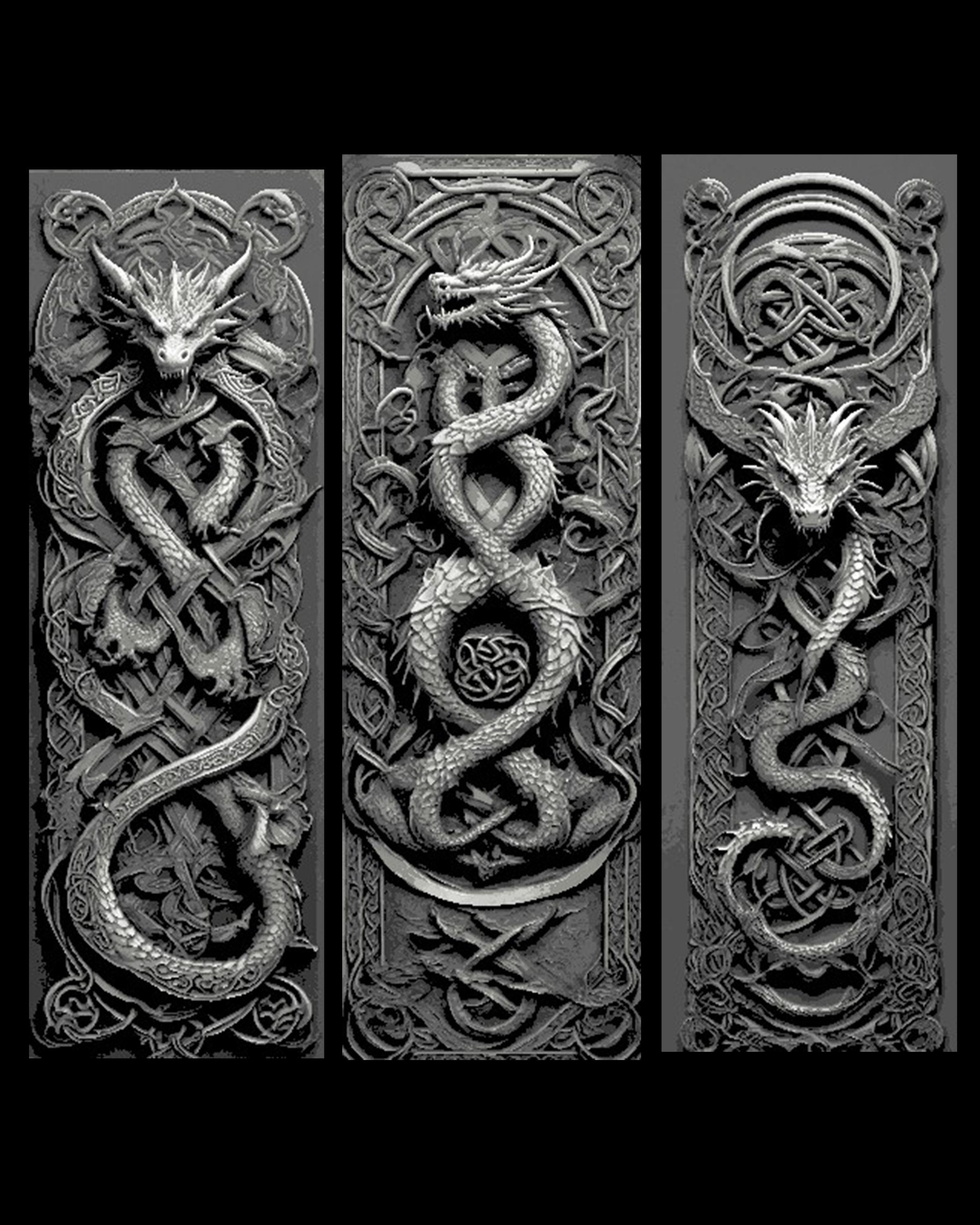 Celtic Knot Carvings depicting Dragons Guarding the way - Set of Bookmarks 3d model