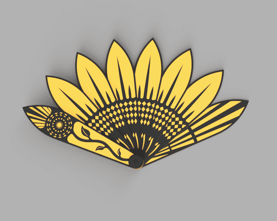 Sunflower Hand Fan (STL Format) | #pdo #summer | NoahMillerDesign - A render of the model in the opened position, top-view. - 3d model