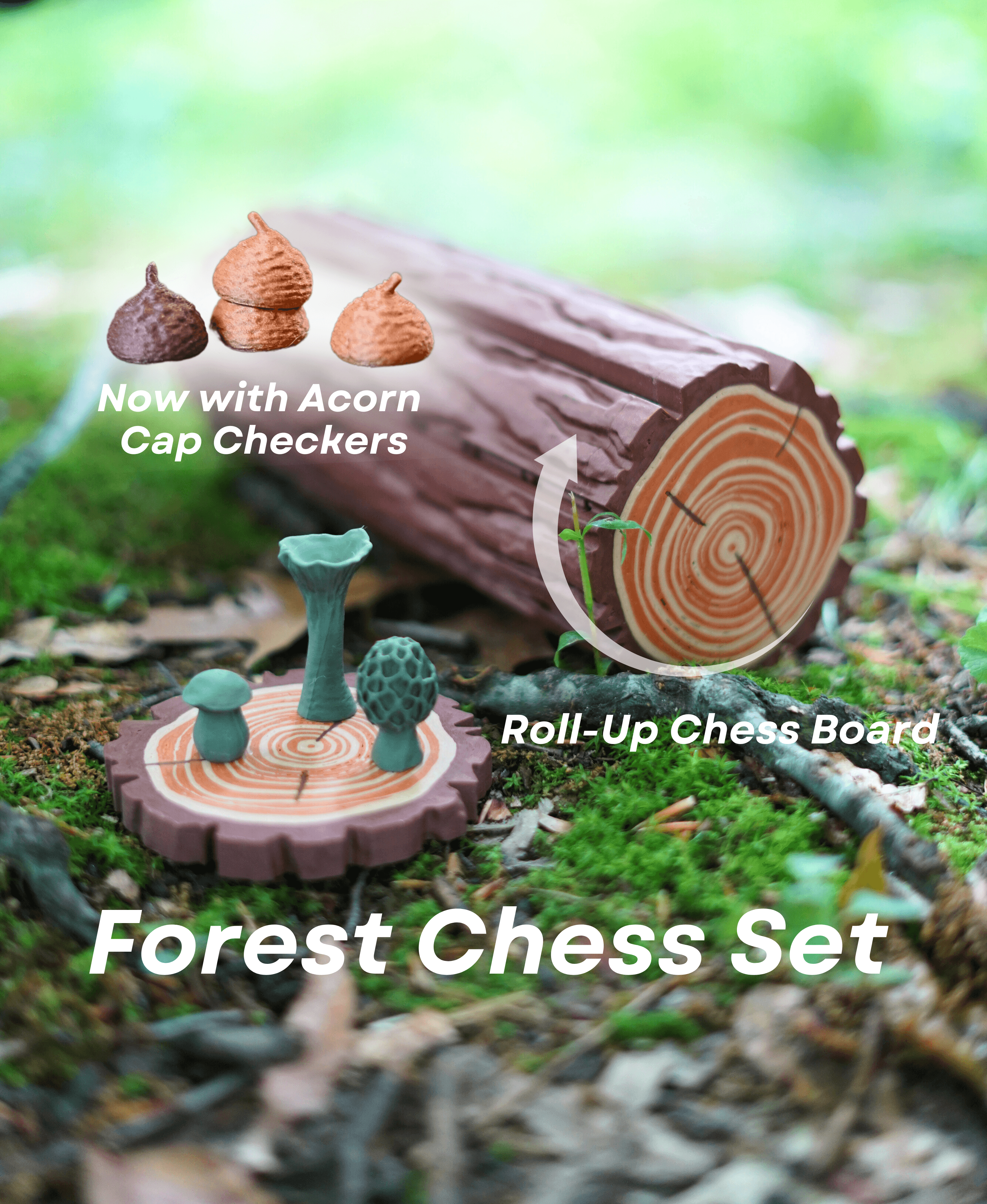 Forest Chess Set - Log and Mushroom Chess Board - Acorn Checkers 3d model