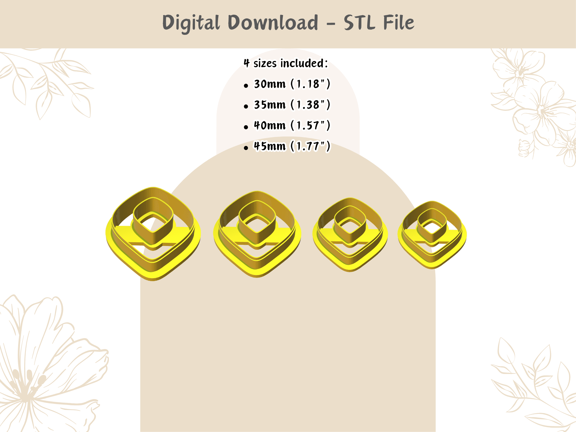 Rounded Diamond Clay Cutter for Polymer Clay | Digital STL File | Clay Tools | 4 Sizes Summer Clay C 3d model