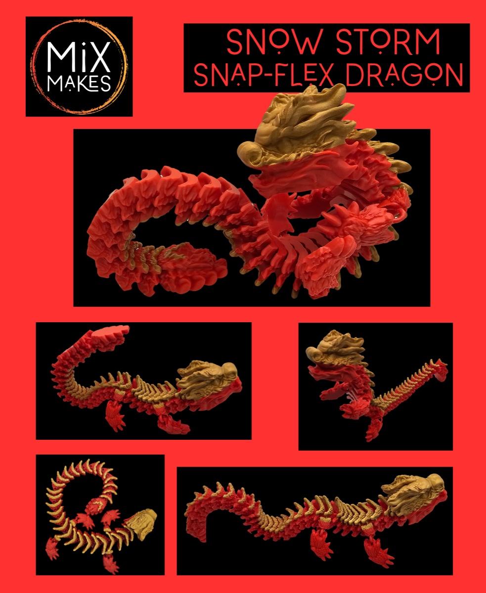 Snowstorm, Winter Dragon  - Another awesome Snap-Flex model, this one is almost as long as the Extra Long Bony Basilisk but in a cool dragon design. Printed in Two Tone Kingroon Red PLA and ESun Gold.  - 3d model