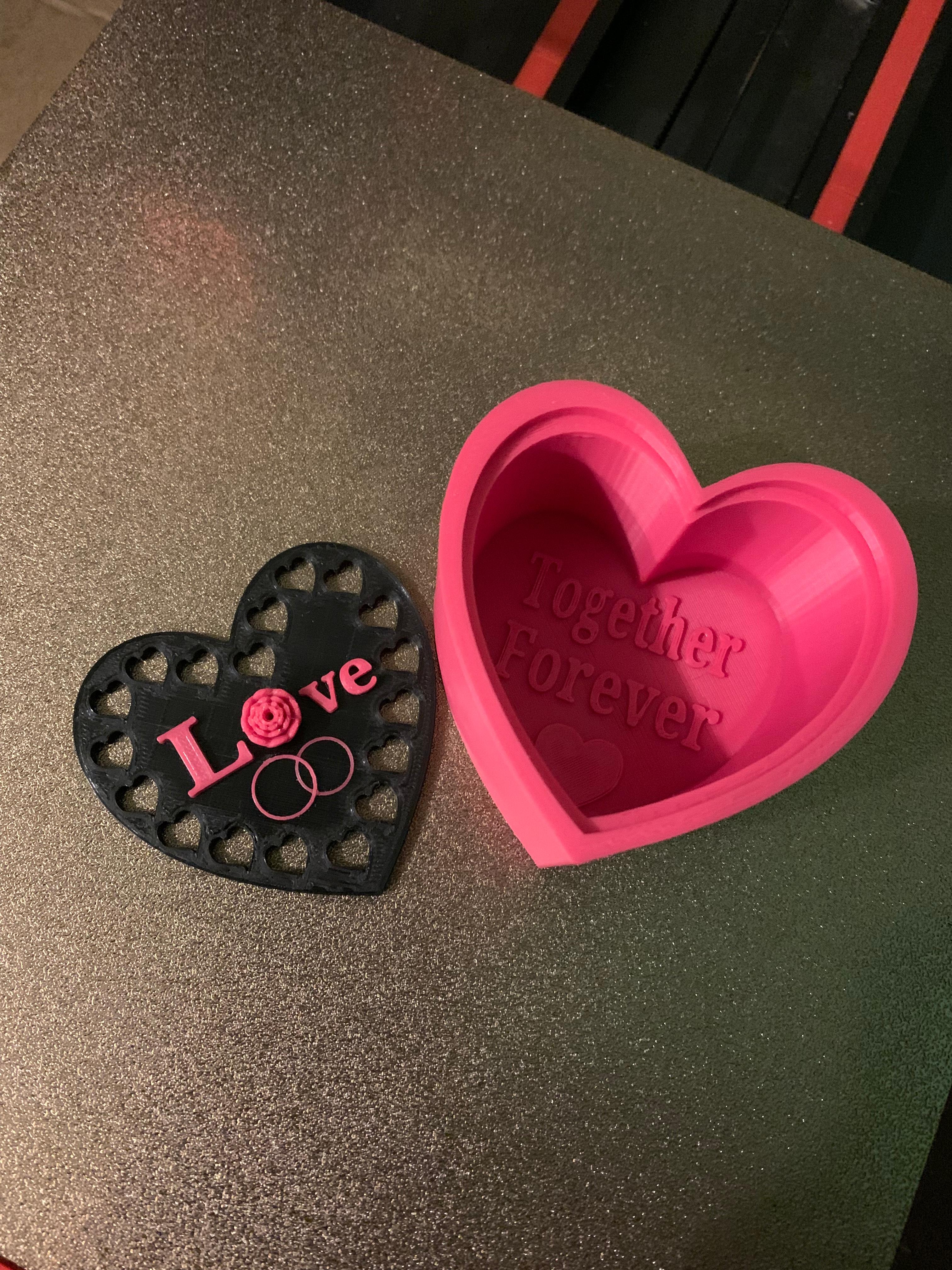 Thangs Valentine's Day Contest Heart Box with Love, Together Forever and Rings - Printed in black and pink. Looks great! My wife loves it! - 3d model