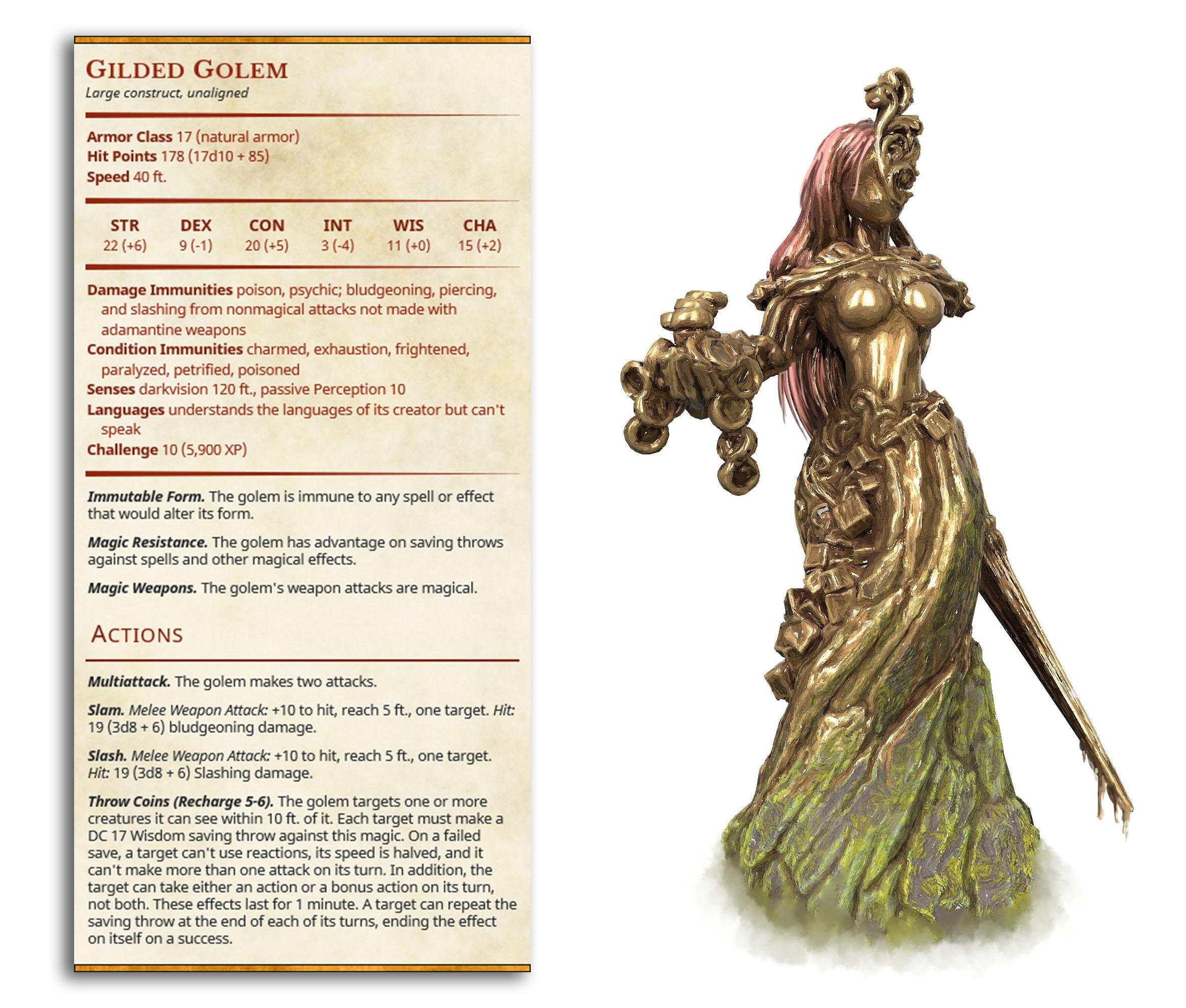Gilded Golem - Flesh of Gold - PRESUPPORTED - Illustrated and Stats - 32mm scale			 3d model