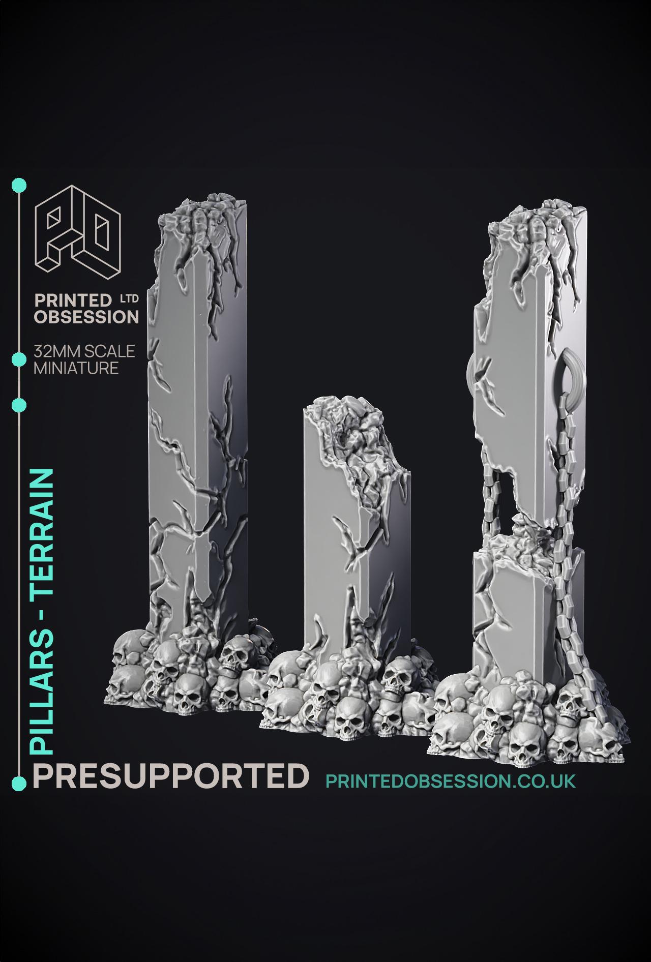 Pillars - Scatter Terrain - 3 Models - PRESUPPROTED - Hell Hath No Fury - scale 32mm  3d model