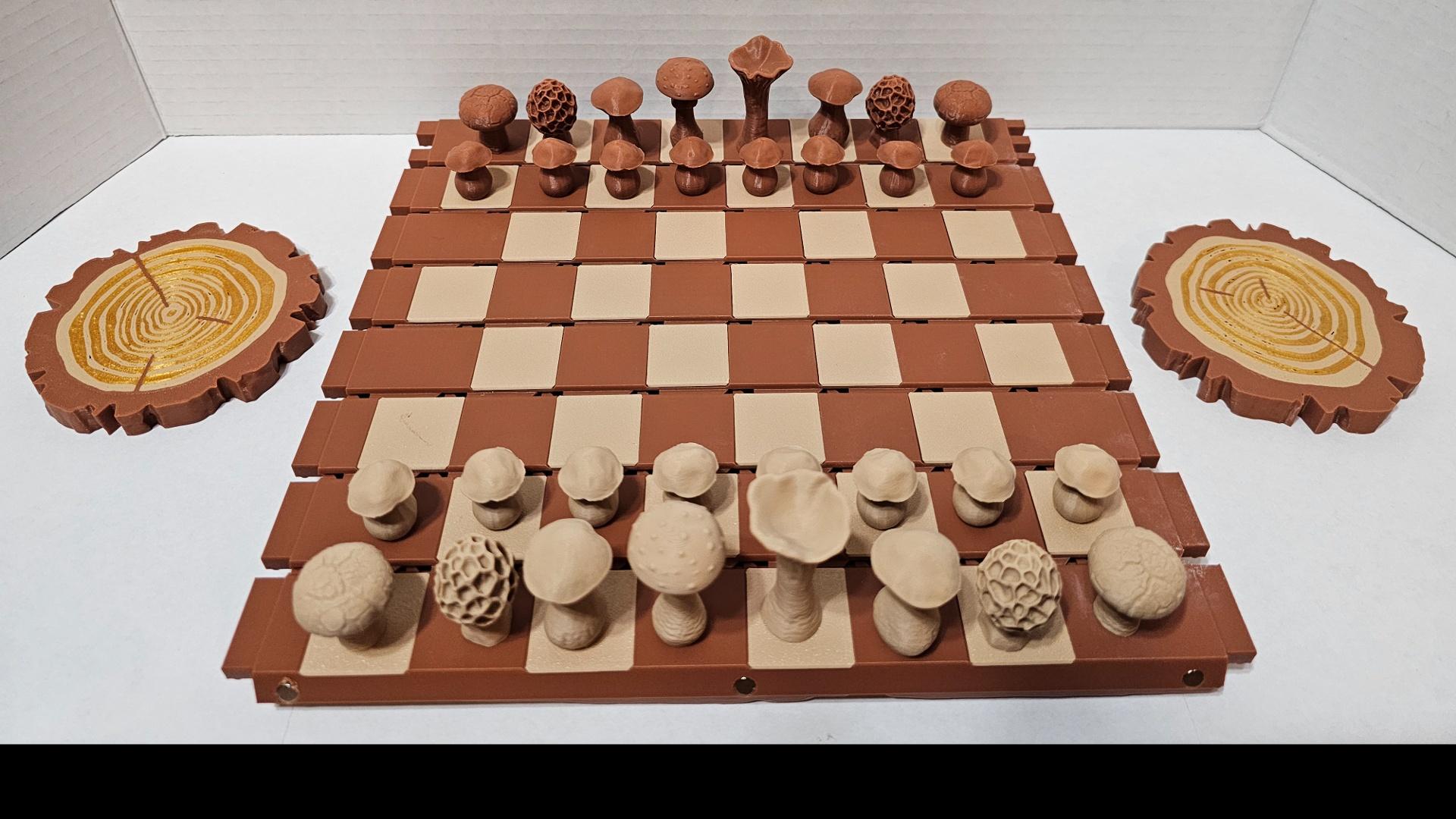 Forest Chess Set - Log and Mushroom Chess Board - Acorn Checkers 3d model