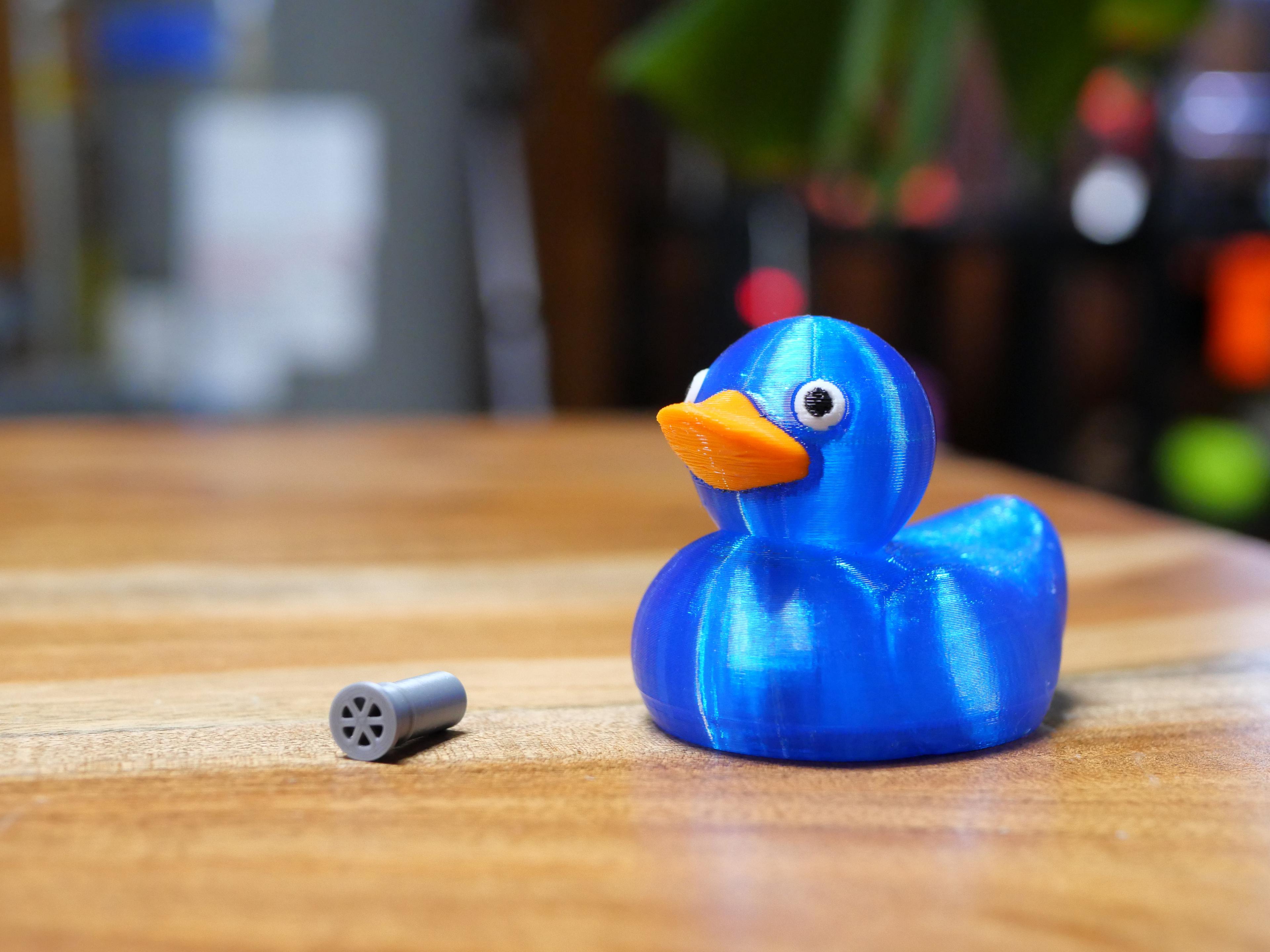 TPU Rubber Duck | Compatible with The Squeaker! by SpoolDesigns | 3D print your own squeaky toy! - Turned out great! I didn't have many colors of TPU so I printed the beak and eyes out of PLA. The squeaker worked out great printed on a smooth PEI sheet on a Prusa MK4 following the instructions closely. A very cool print with a unique function 👍 - 3d model