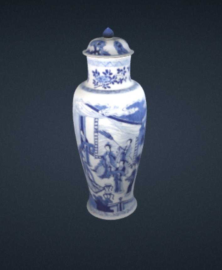 Baluster vase, one of three in a five-piece garniture - Covered baluster vase, one of three in a five-piece garniture (F1980.190-194). Blue-and-white.
Clay: white porcelain
Glaze: clear, feldspathic.
Decoration: painted in underglaze cobalt blue with a court lady being entertained by a dancer and musicians, floral sprays on neck, domed cover has ladies, flowers and rocks and a bud-shaped finial knob. - 3d model