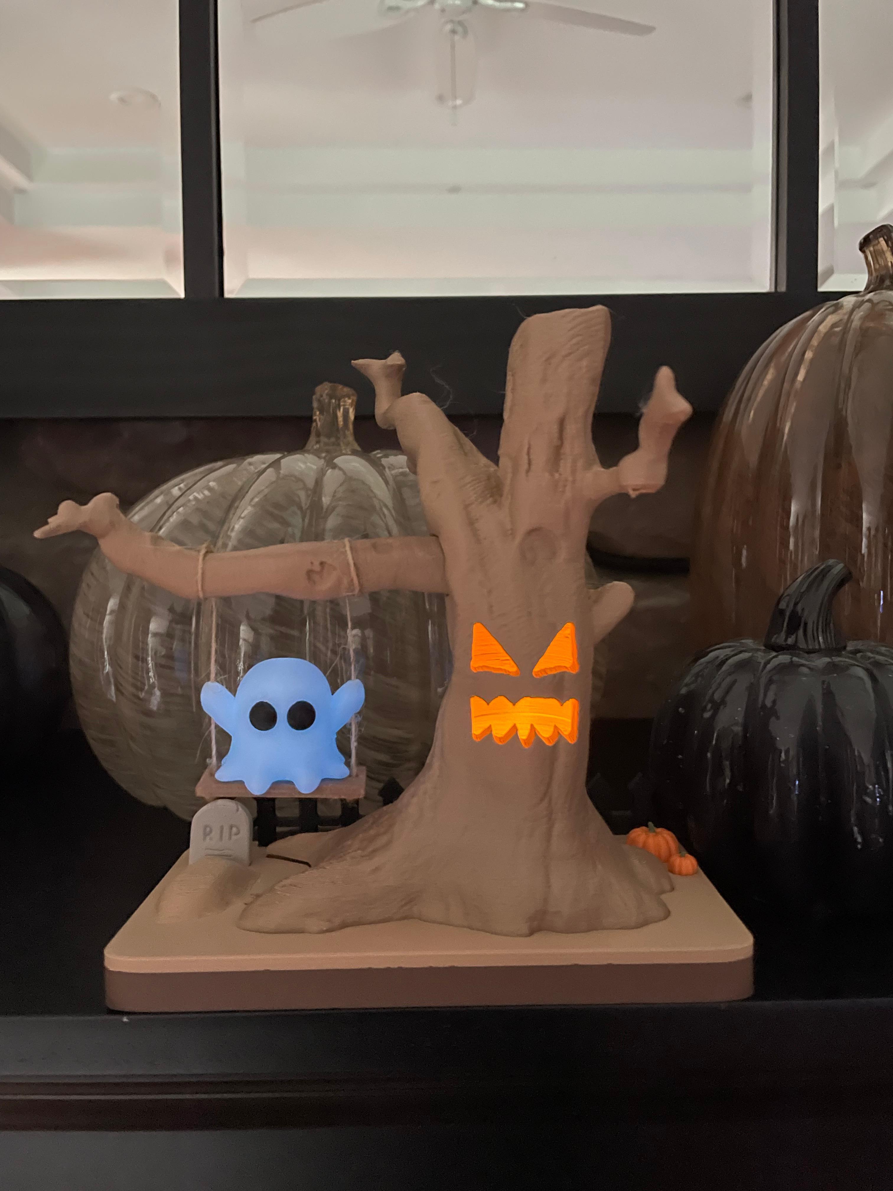 Graveyard Play Time - Ghost on Swing With Spooky Tree - Tealight Multi Part Model - Eekkk I love it! More scenes please, maybe a witch ghost w/a caudron? So easy to print with everything separate, just can't get enough of these! Thank You!  - 3d model