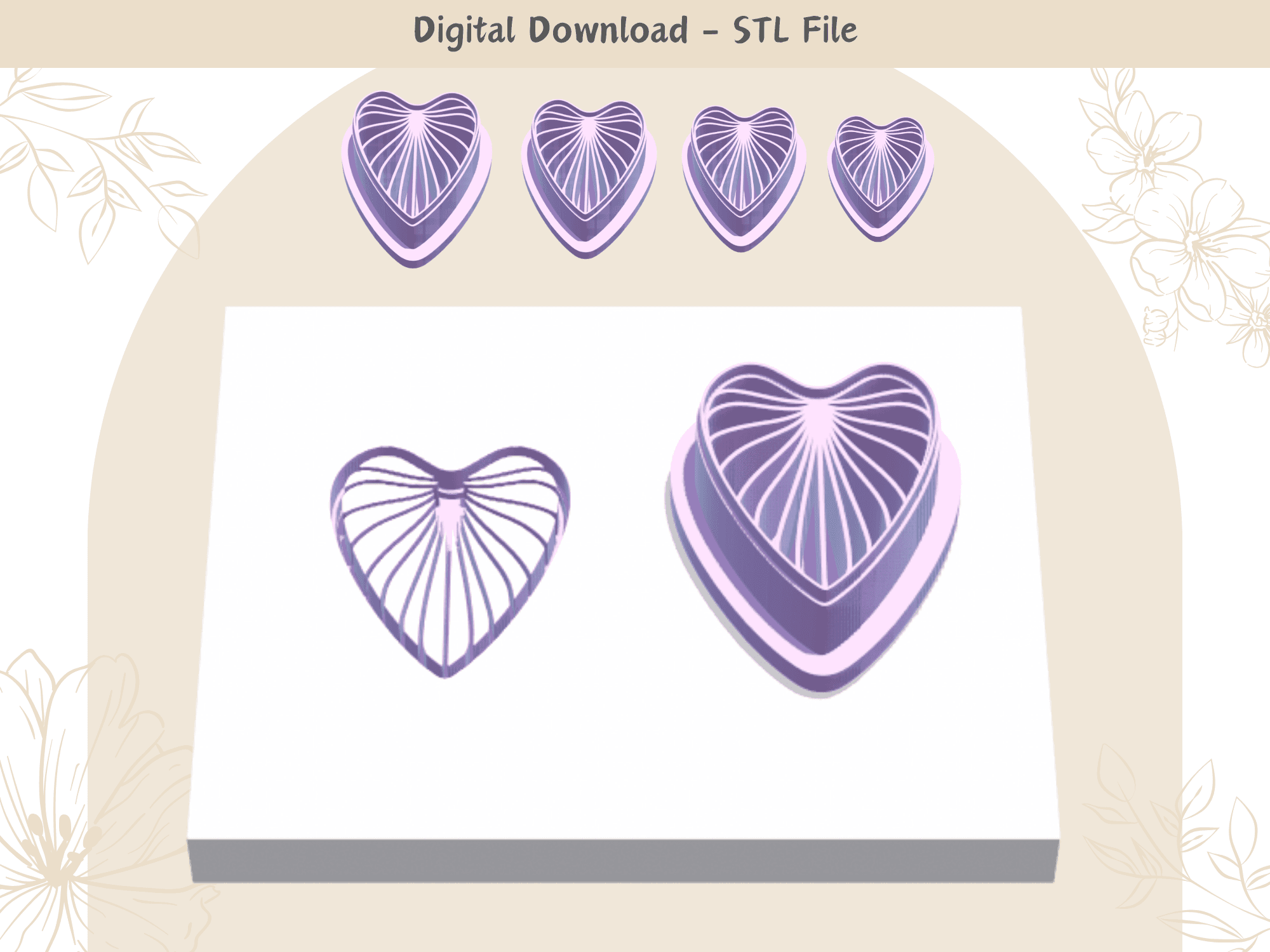 Leaf With Lines Clay Cutter for Polymer Clay | Digital STL File | Clay Tools | 4 Sizes Summer Clay C 3d model