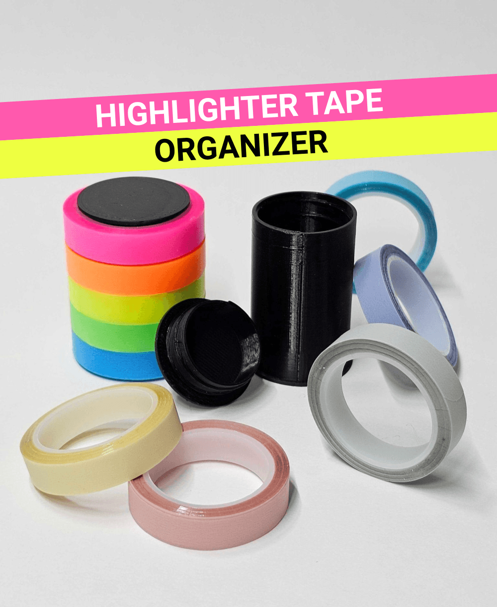 Highlighter tape holder with screw-on lid | 5 rolls of 8mm width craft tape | washi tape organizer 3d model