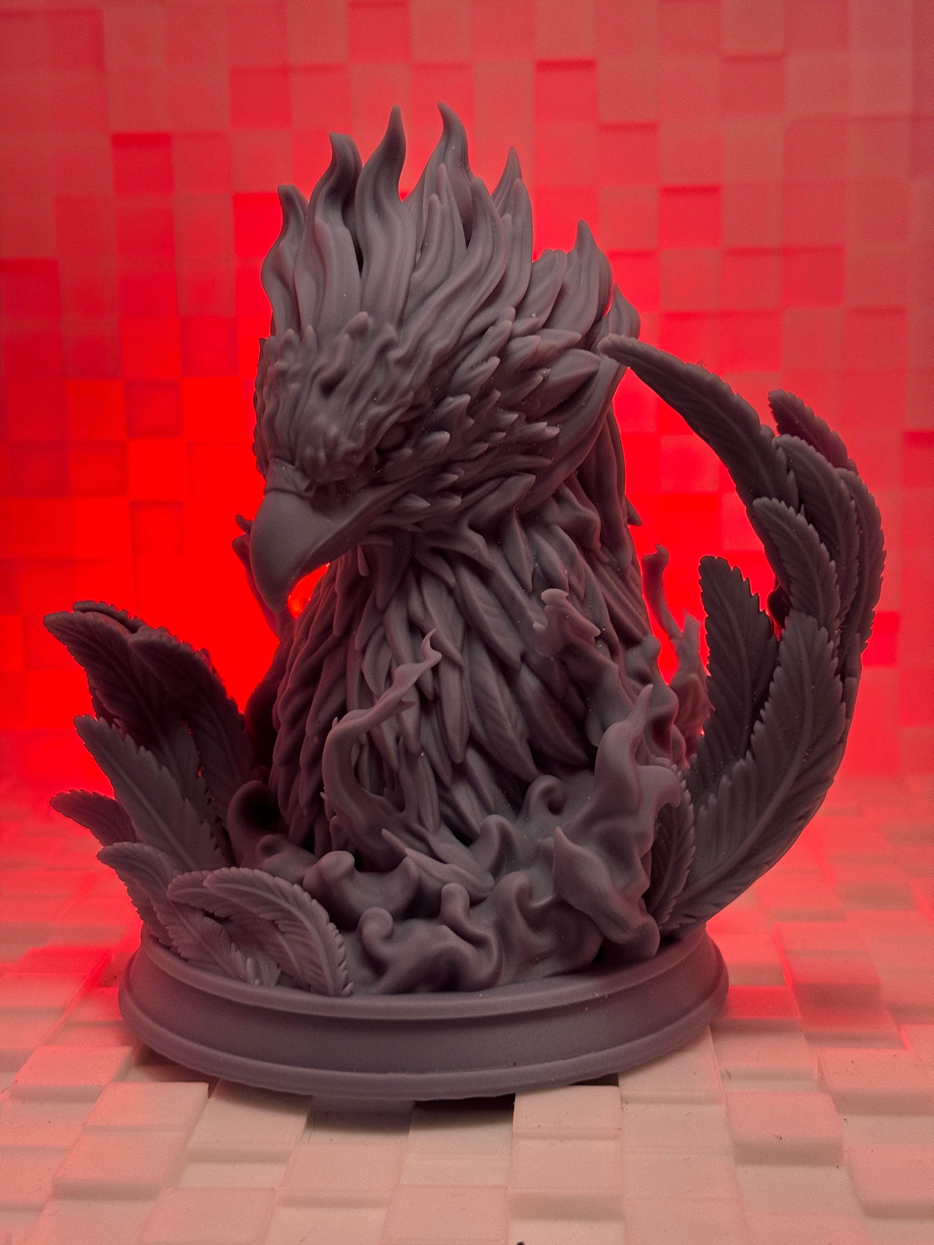 Phoenix bust (Pre-Supported) - Another BEAUTIFUL sculpt from Fotis; just zoom in and look at the detail on the feathers and the delicacy of the flame tendrils. Makes me wish I knew how to paint models so I could do it justice.

Printed on the Saturn 4 Ultra in Anycubic Standard Grey resin. - 3d model