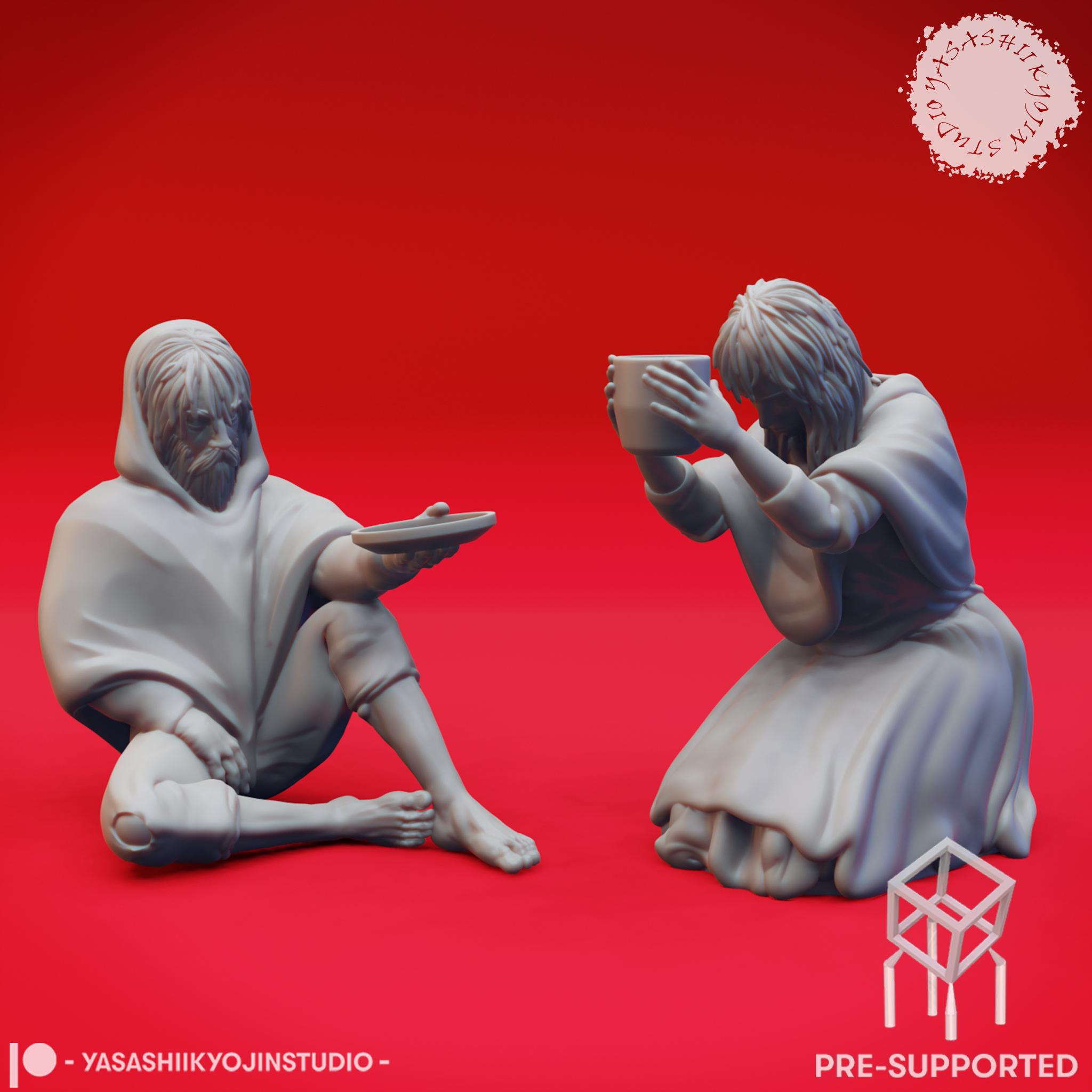 Townsfolk - Beggars - Tabletop Miniatures (Pre-Supported) 3d model