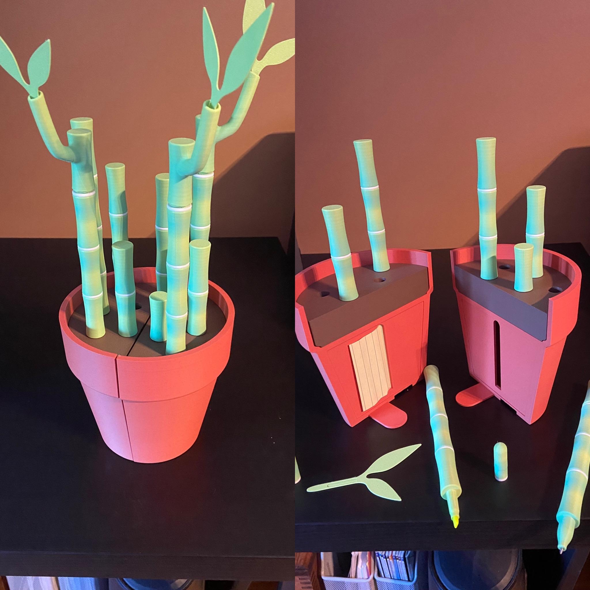 Bambookends - Bamboo Functional Plant with Pens, Highlighters, Post it note dispenser, and Bookmarks - Great model! Made it for my sister for her birthday! - 3d model