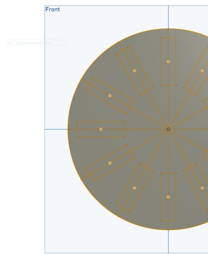 Générateur triphasé - Voici ci-joint les dimensions de la première extrude de notre "Porte Aimant"
-Extrude sur l'ensemble de l'esquisse 1: 3mm
-Cercle au centre des rectangles non extrudé - 3d model