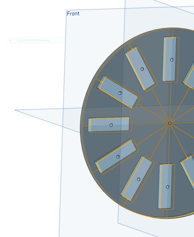 Générateur triphasé - Voici ci-joint les dimensions de la seconde extrude de notre "Porte Aimant"
Nous avons extrudé le disque afin de venir crée les emplacements pour nos aimants.
-Epaisseur de l'extrude: 4mm
 - 3d model