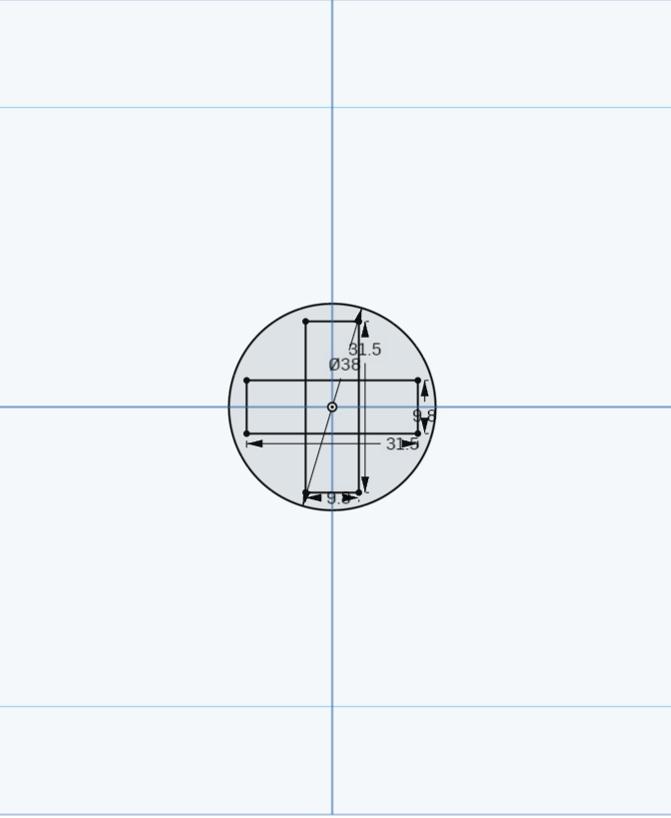 Générateur triphasé - Voici la pièce nous permettant de lié nos roulement à notre "Tige", première esquisse.
-Dimension du cercle: 38mm
-Dimension des 2 rectangles centré autour du disque: 31.5/9.8 - 3d model