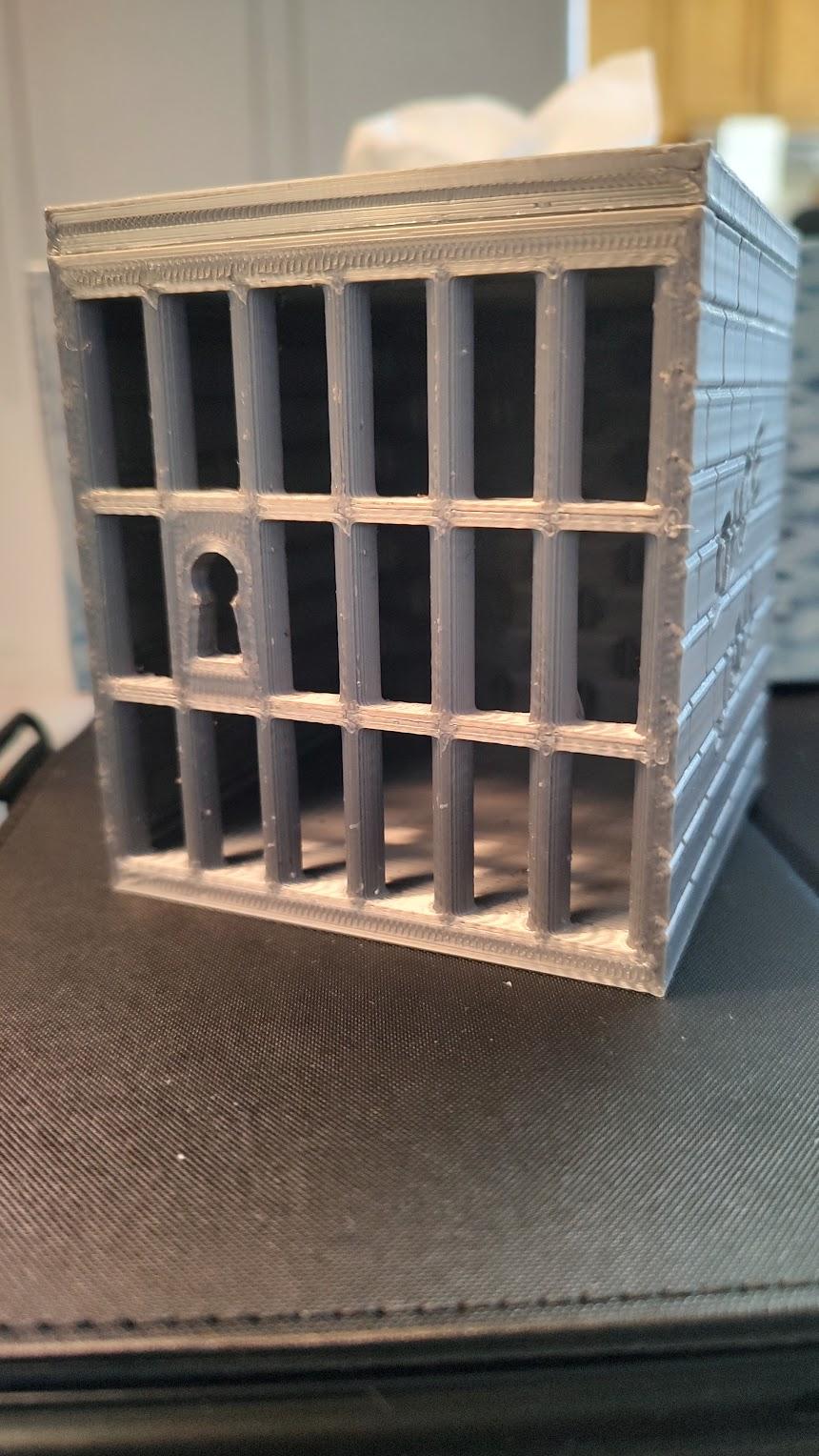 Dice Jail - Very nice model. I was surprised the bars came out when I printed them on the top.  Lots of stray stringing from that (mistake?), but it came out over all. - 3d model