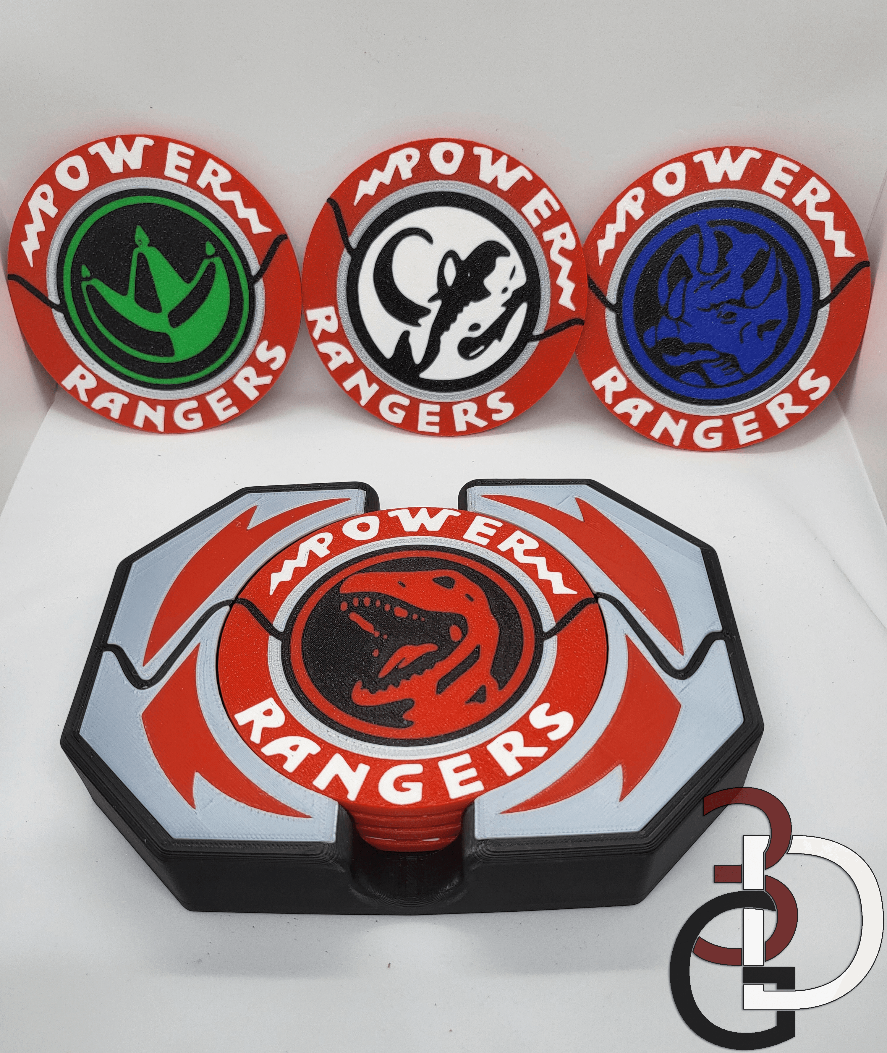 Power Ranger themed coasters AND holder 3d model