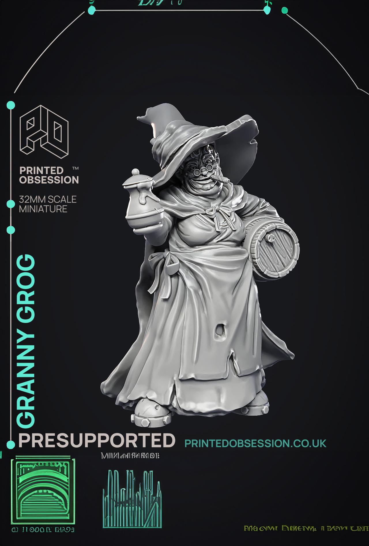 Granny Grog - Black Witch - PRESUPPORTED - Illustrated and Stats - 32mm scale  3d model