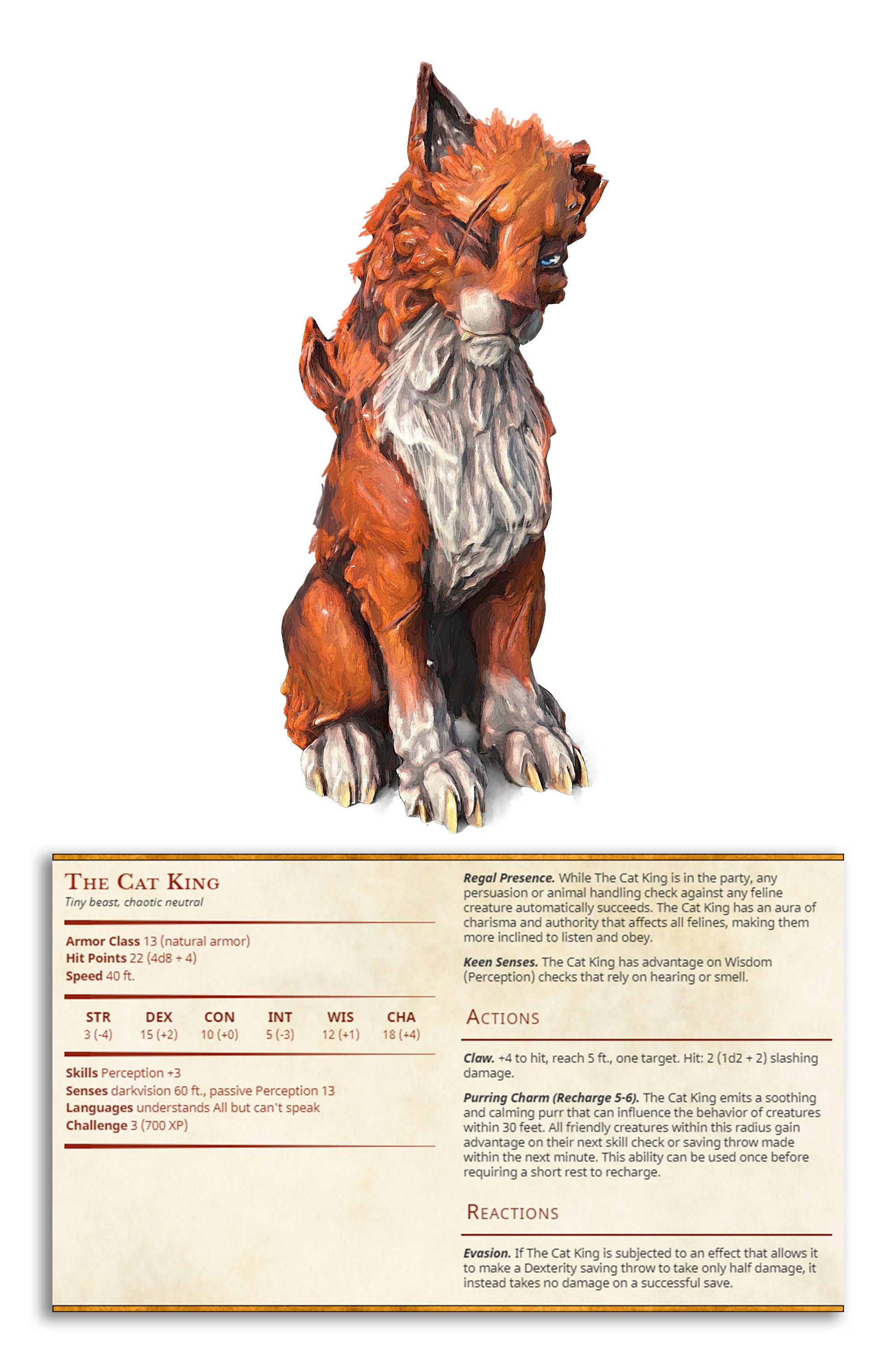 Cat King - NPC Familar - PRESUPPORTED - Illustrated and Stats - 32mm scale  3d model