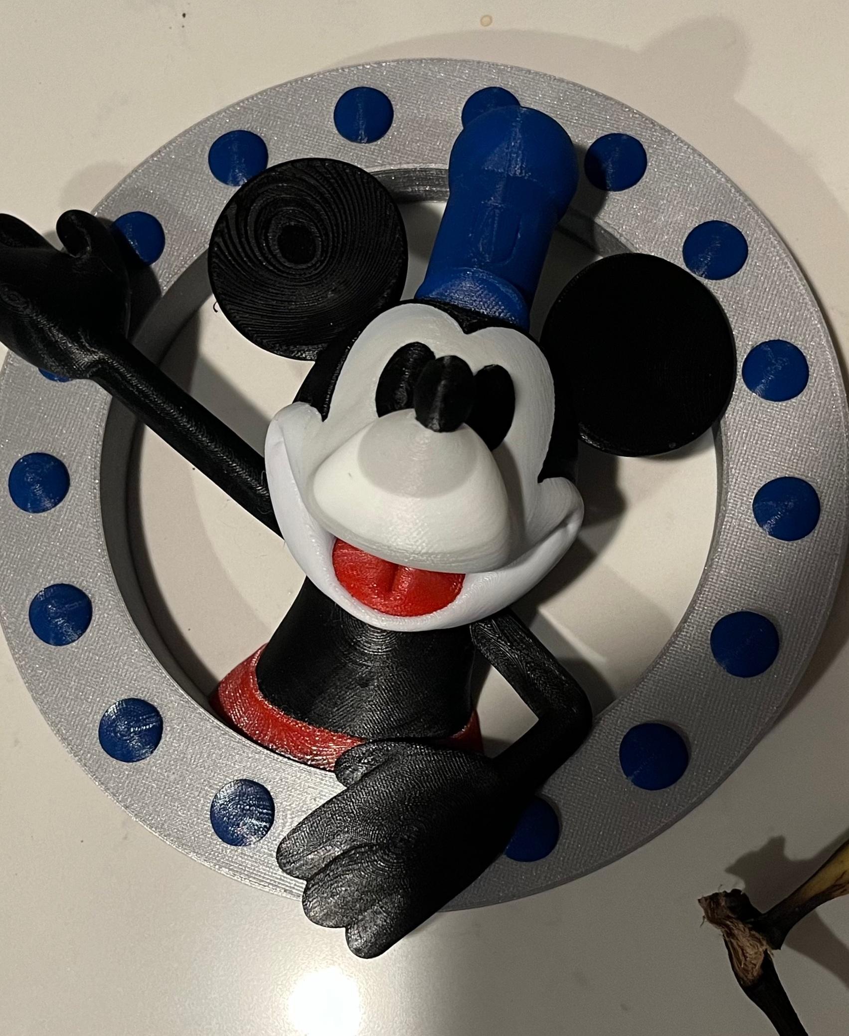 Steamboat Willie Porthole  - Painted in PrusaSlicer, Printed on Prusa i3 MK3S+ with MMU3.

Next time: need to fix color bleeding with the white filament on the nose/mouth. - 3d model