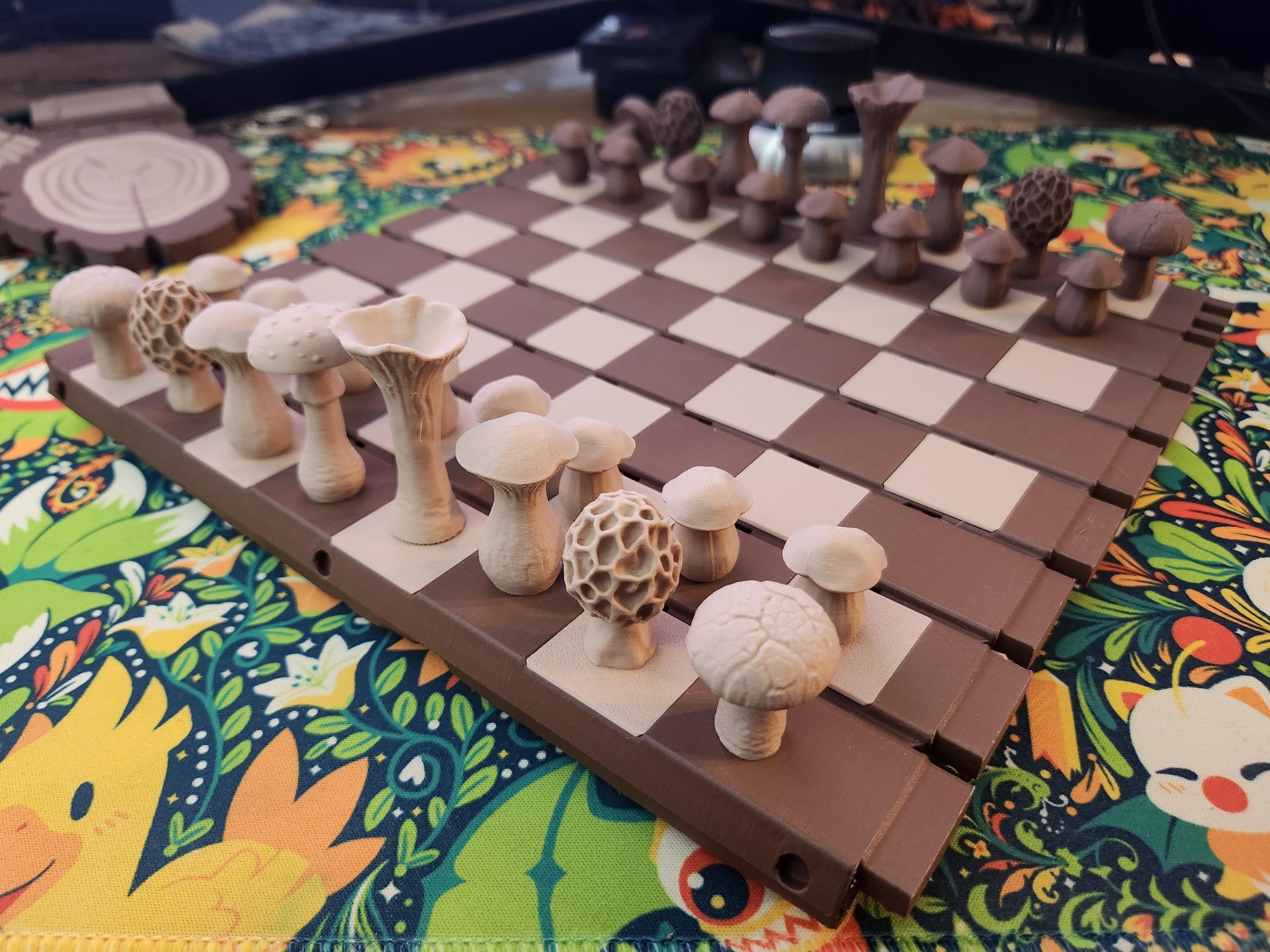 Forest Chess Set - Log and Mushroom Chess Board - Acorn Checkers 3d model