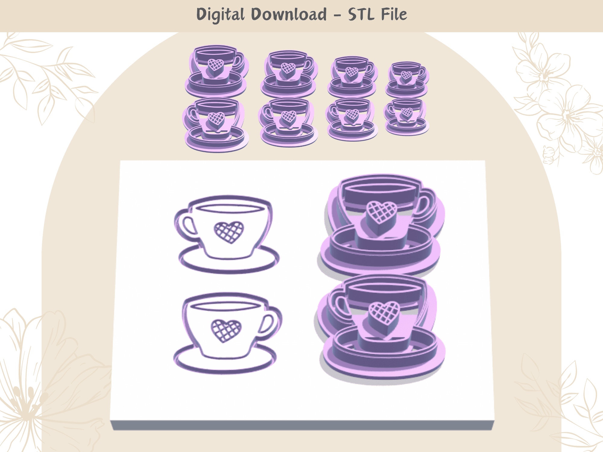 Tea Cup Mirror Pair Clay Cutter for Polymer Clay | Digital STL File | Clay Tools | 4 Sizes Summer Cl 3d model