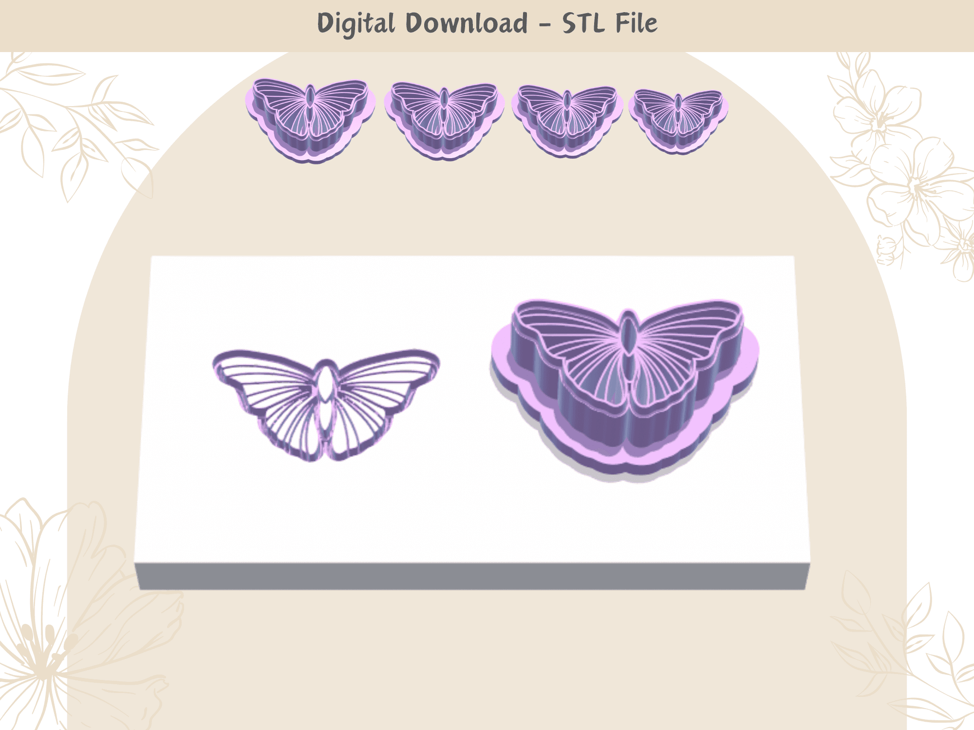 Moth Clay Cutter for Polymer Clay | Digital STL File | Clay Tools | 4 Sizes Summer Clay Cutters, 2 C 3d model