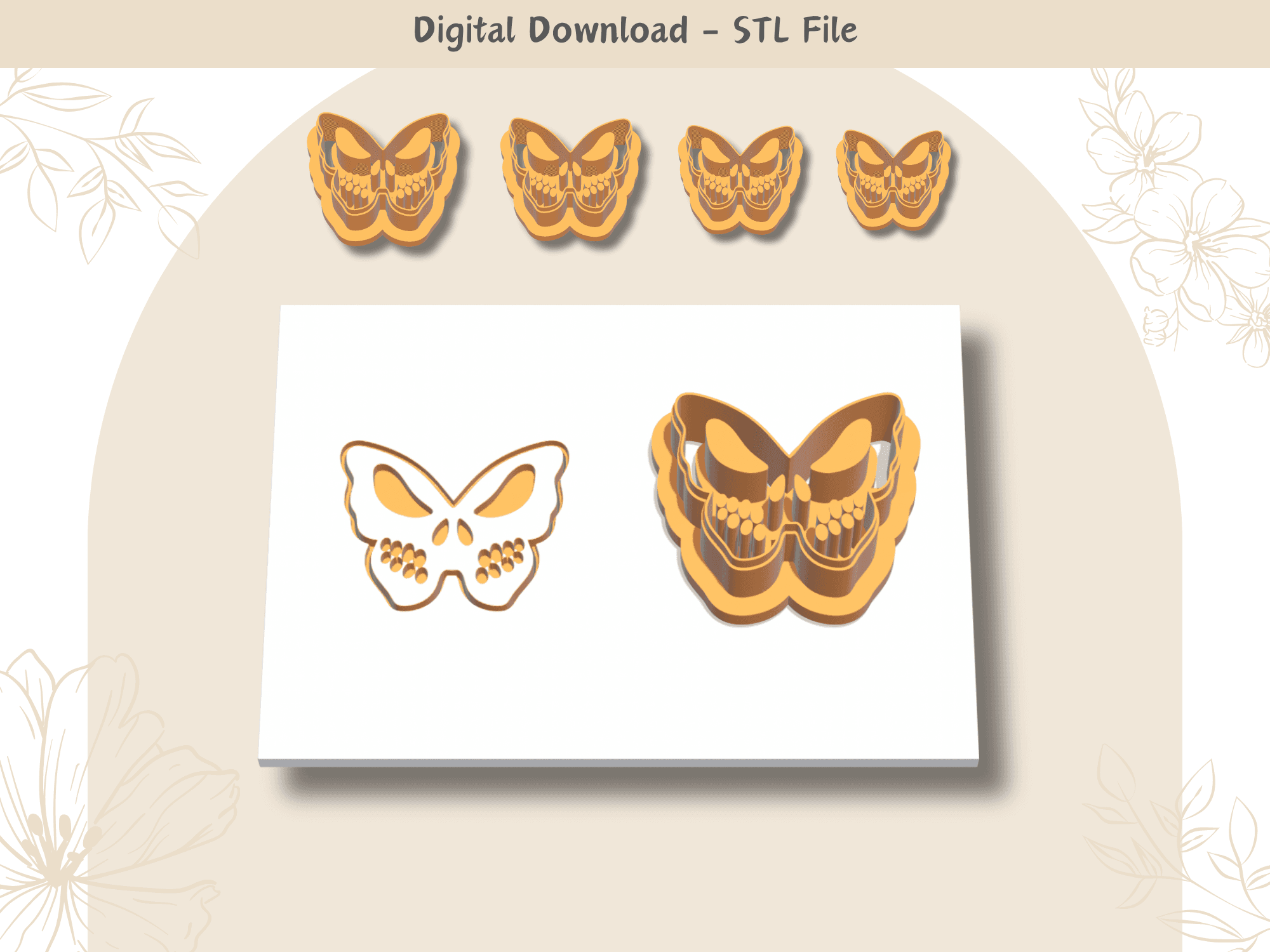 Skull Butterfly Clay Cutter for Polymer Clay | Digital STL File | Clay Tools | 4 Sizes Halloween 3d model