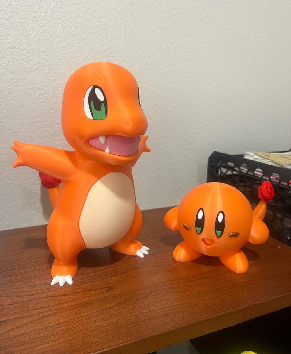 Charmander Pokemon  - I printed it out at 170% as big, as my print bed would allow. It turned out good. I probably should have increased the insert parts another couple percent to get a snugger fit but happy with the result.

Orange: Elegoo Rapid PLA Plus Orange
Green: Overture PLA Plus Green
Pink: Elegoo PLA Pink
White: Elegoo PLA White
Black: Overture Easy PLA Black
Tan: Ziro PLA Pro Skin
Red: Overture PLA Red - 3d model