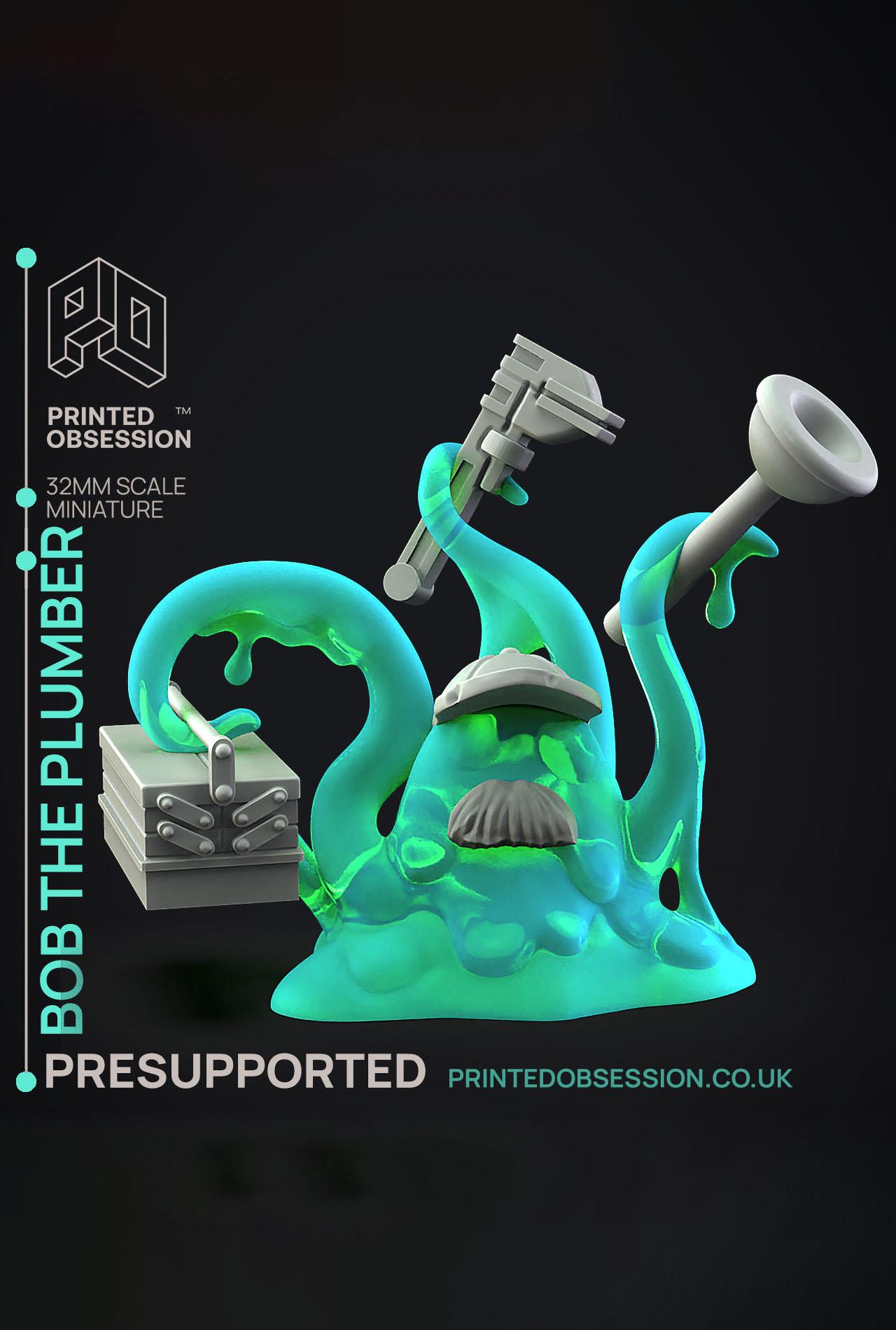 Bob the Plumber - Dungeon Cleaning Inc - PRESUPPORTED - Illustrated and Stats - 32mm scale			 3d model