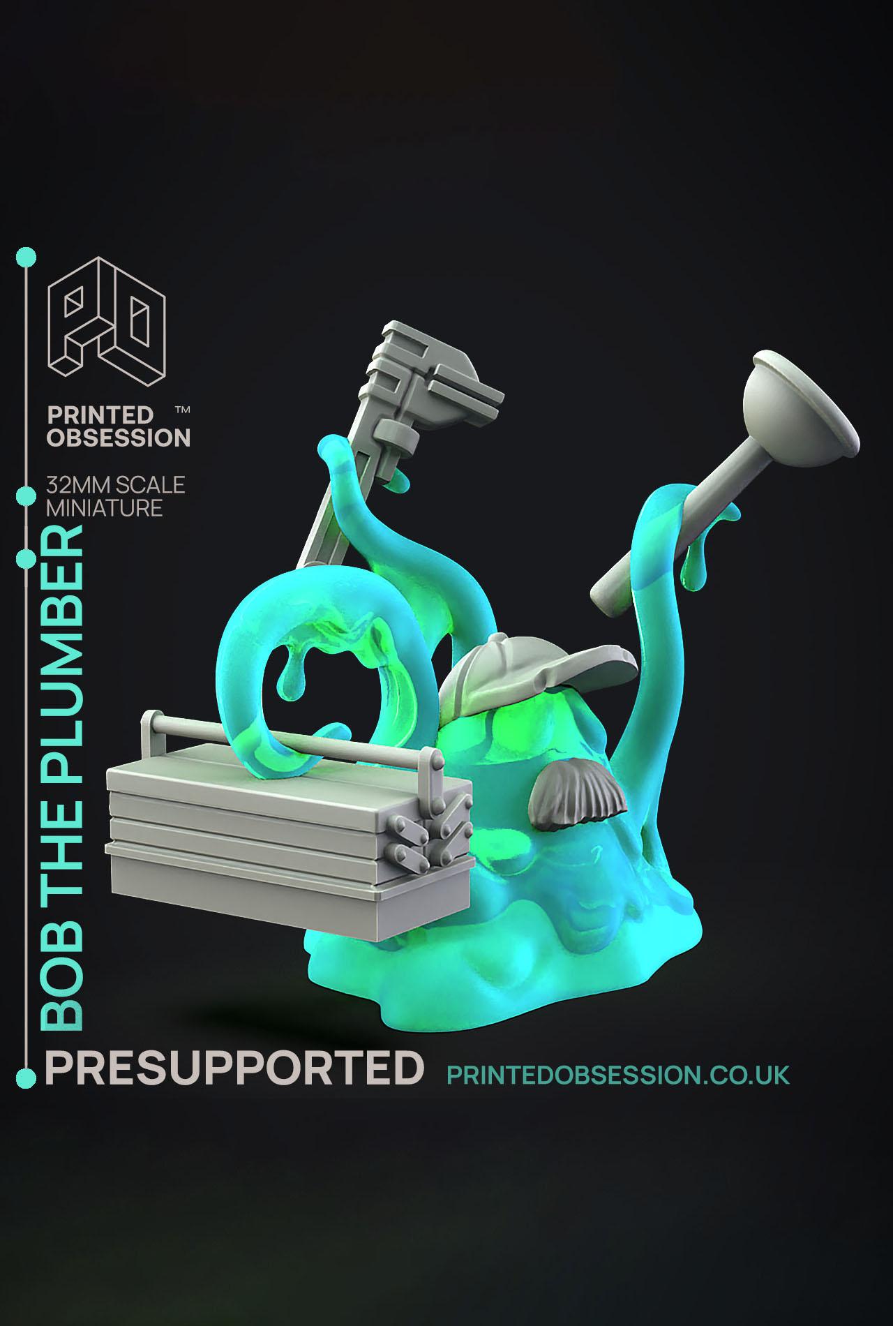 Bob the Plumber - Dungeon Cleaning Inc - PRESUPPORTED - Illustrated and Stats - 32mm scale			 3d model