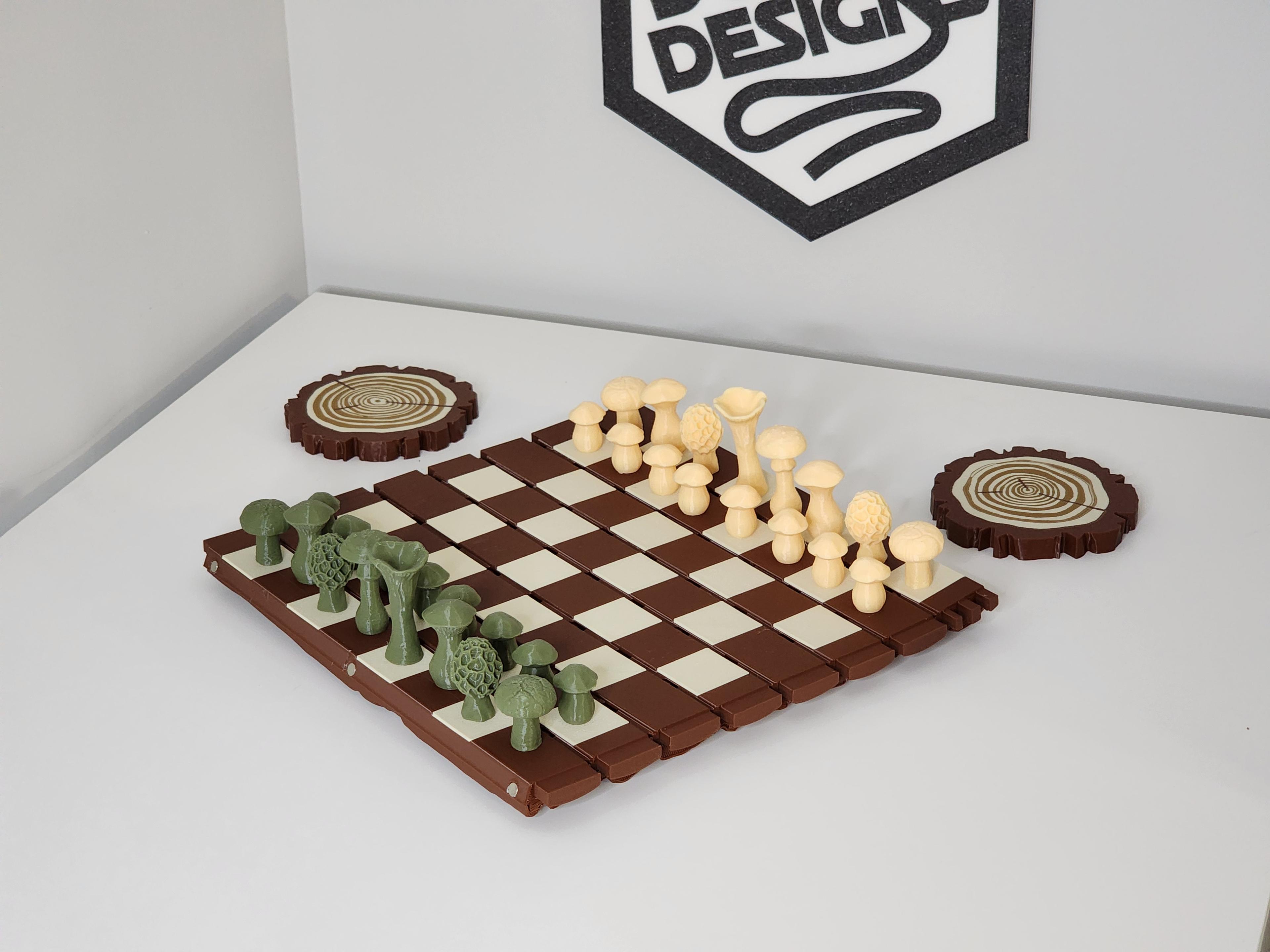 Forest Chess Set - Log and Mushroom Chess Board - Acorn Checkers 3d model