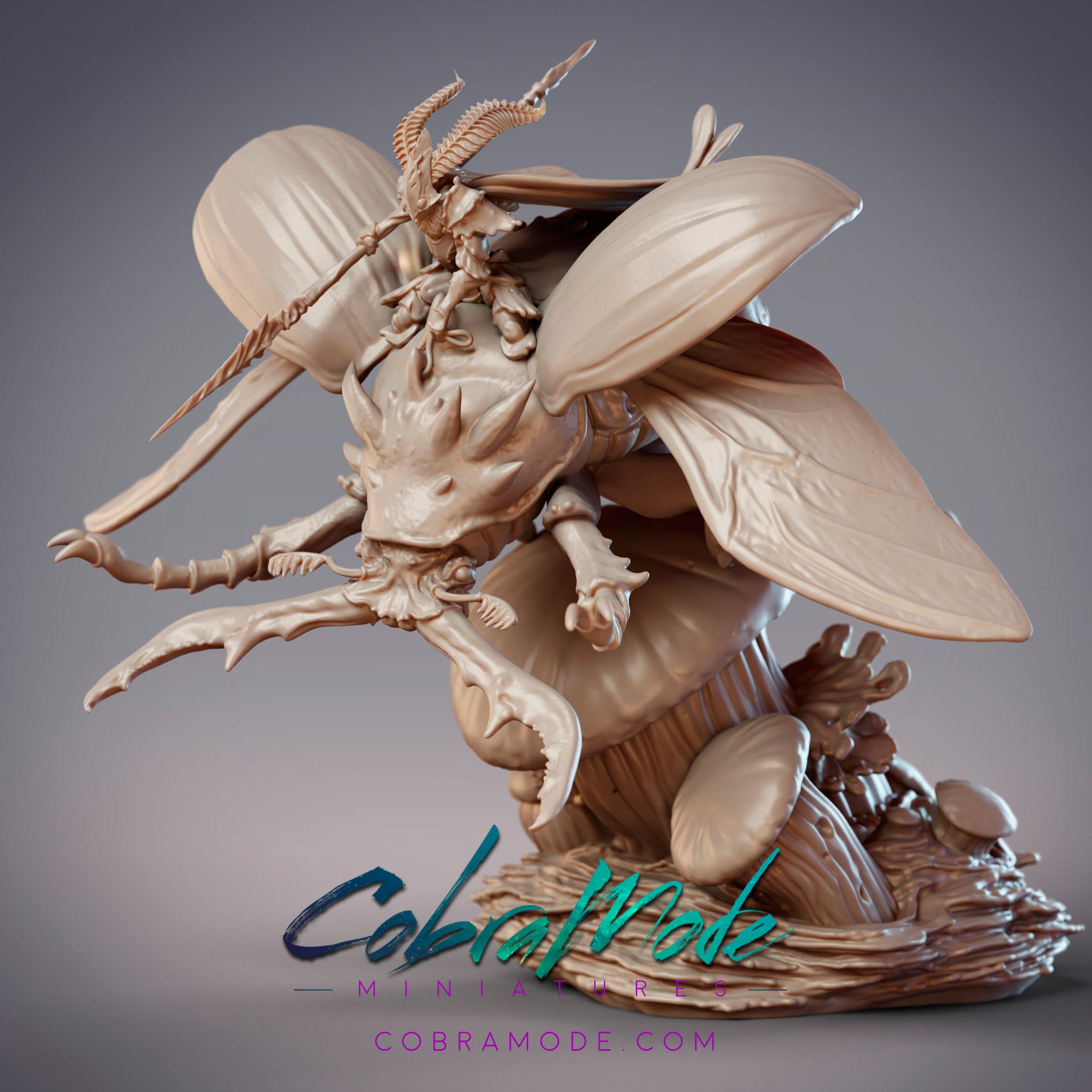 Mothfolk Beetle Cavalry - Riodin, Fidelium Knight and Cervus Beetle Mount (Pre-Supported) 3d model